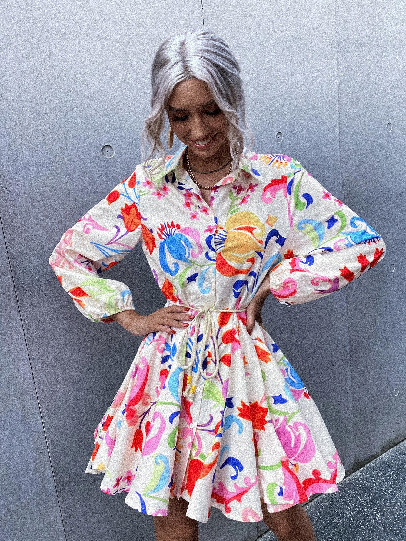 SUKIENKA MINI WZORZYSTA KOSZULOWA Z DŁUGIM RĘKAWEM PASEK SHEIN S Płeć kobieta