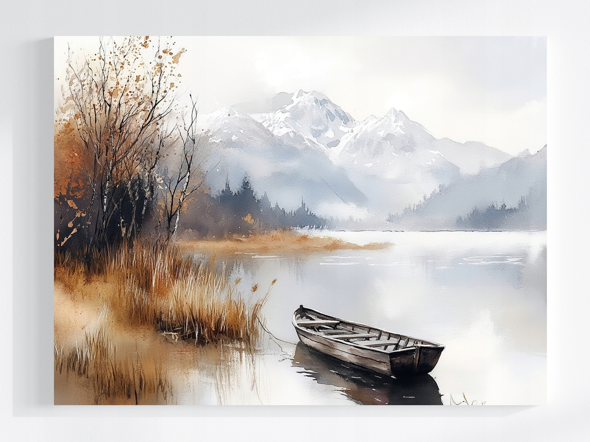 Obraz Na Plátně Canvas Krajina Venkovní Hory Jezero Loďka Mlha Podzim 80x60