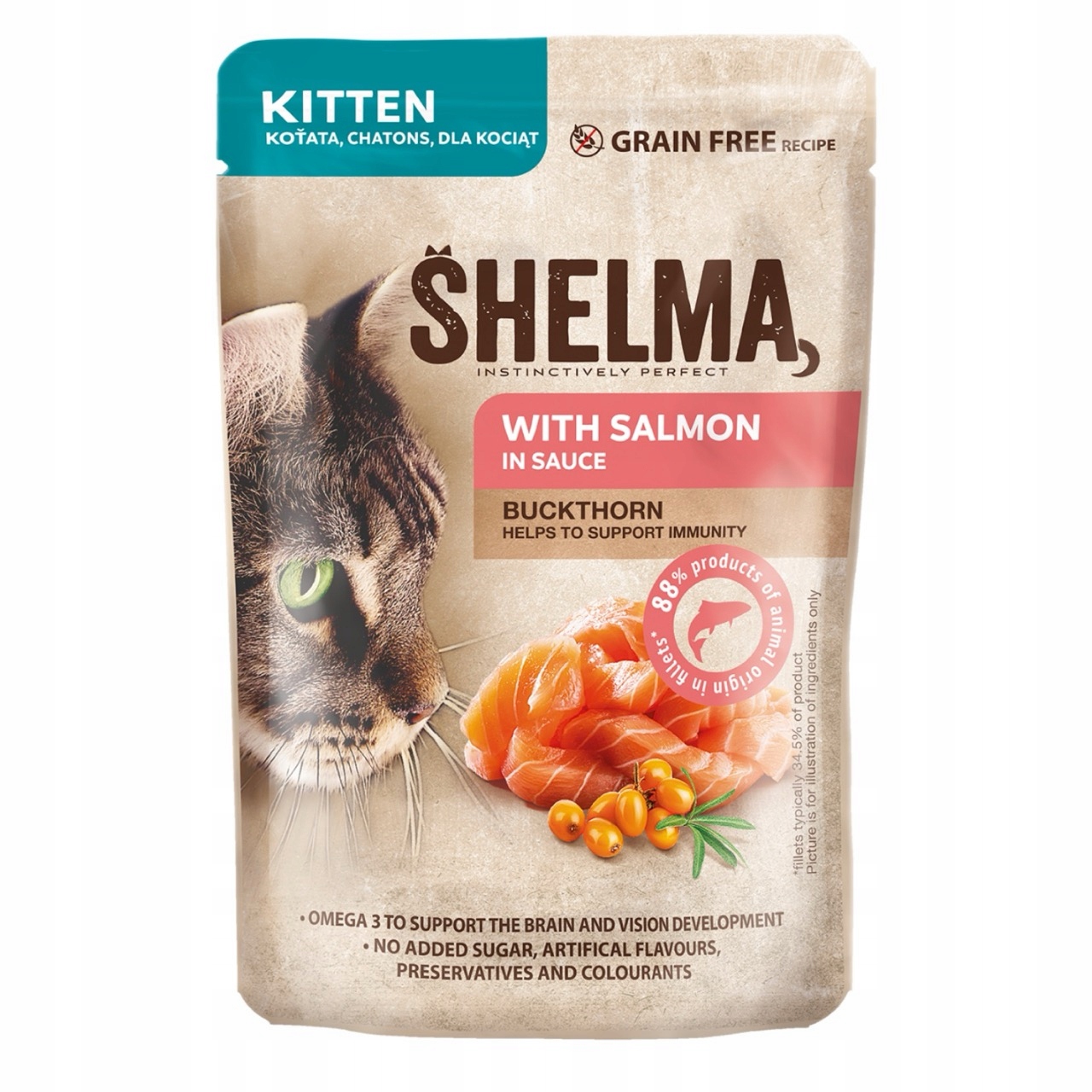Shelma kapsička pro koťata s lososem a rakytníkem 85 g