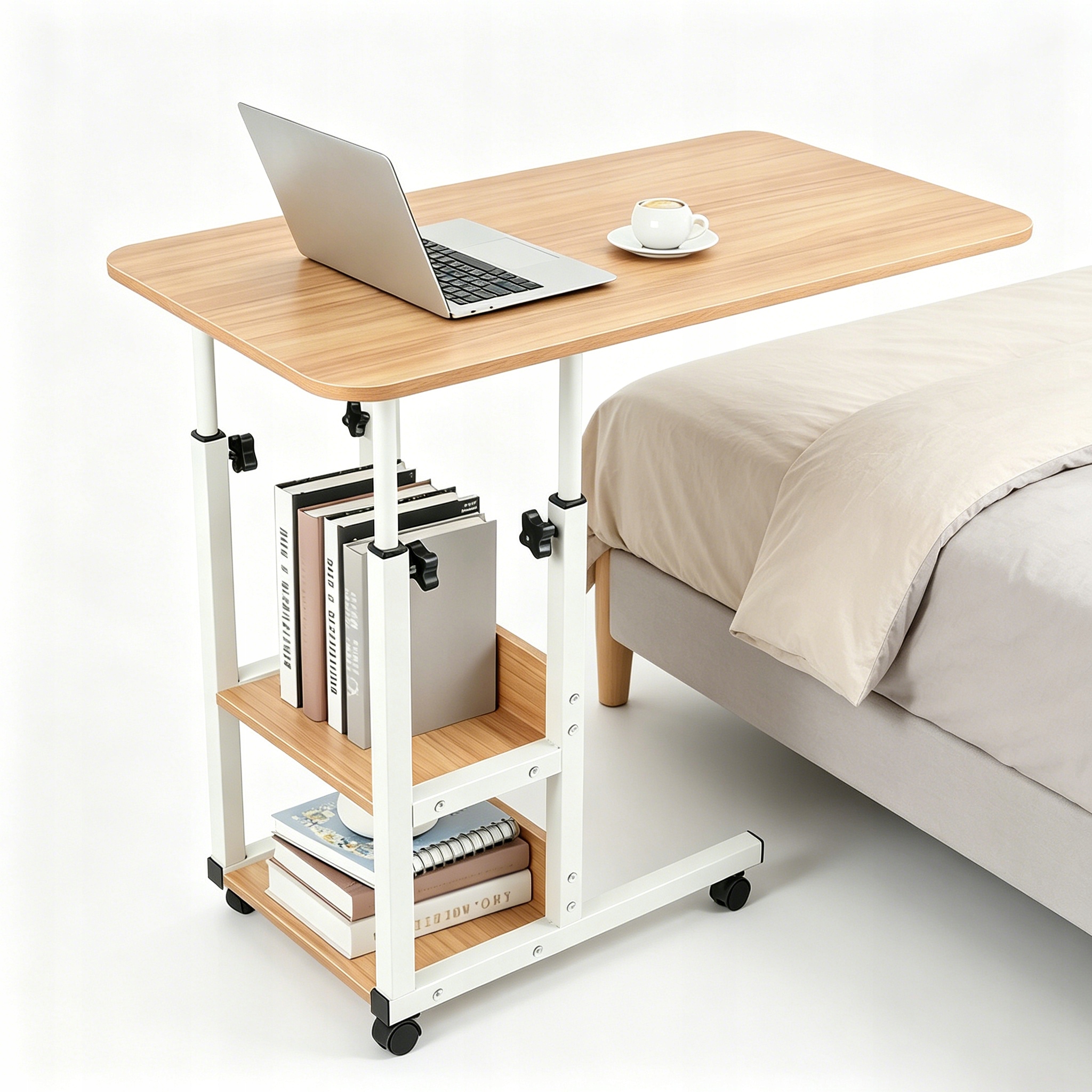 Stolik Nocny, Regulowany Z Kółkami Pod Laptopa Biurko Ciemny Orzech 80x40 cm