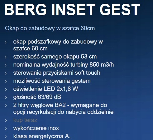 Okap do zabudowy BERG INSET GEST 53 850m3 !!! Model Inset 53