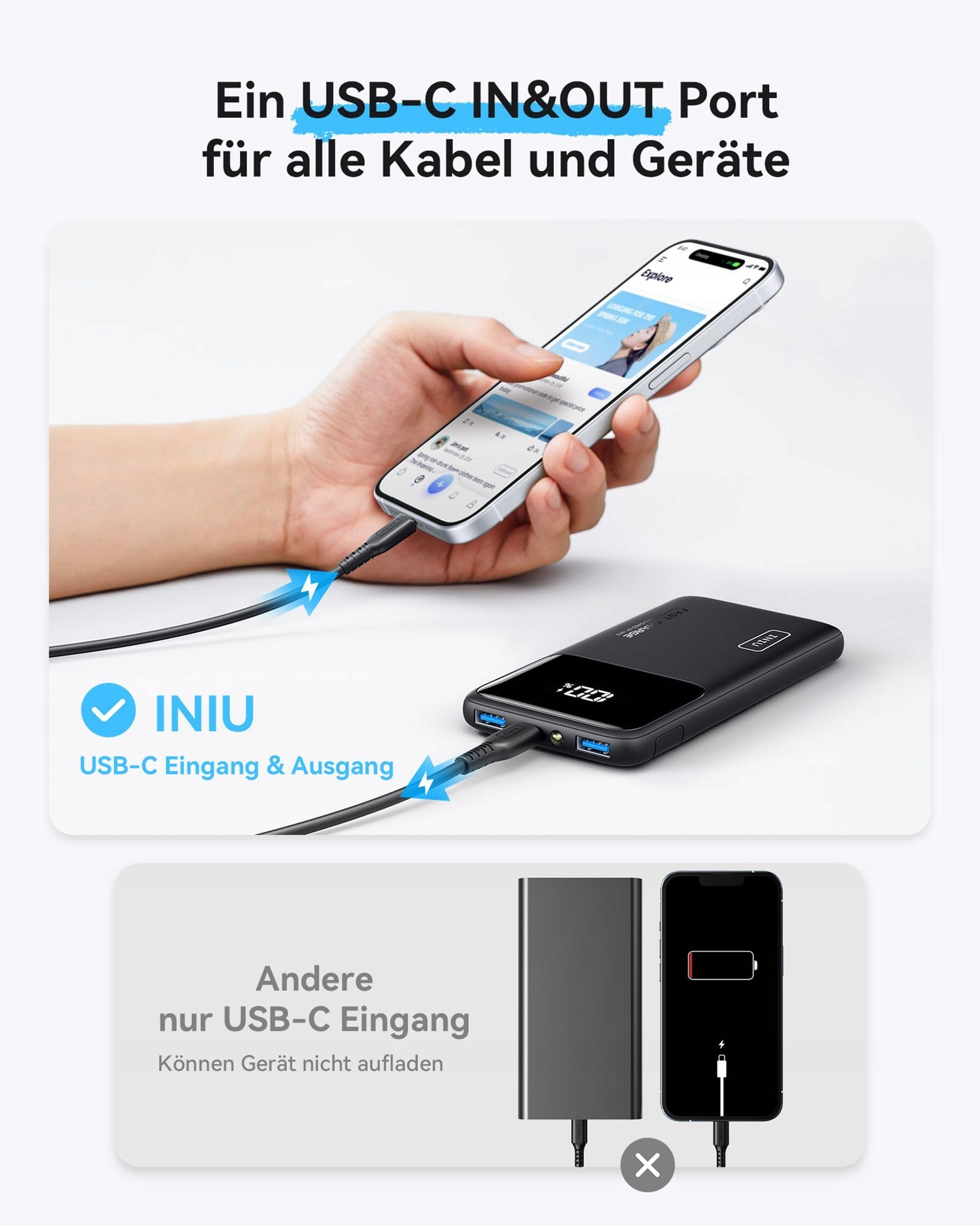 INIU Power Bank Szybkie Ładowanie 10000mAh USB C PD3.0 QC4.0 iPhone Samsung — miniatura 5