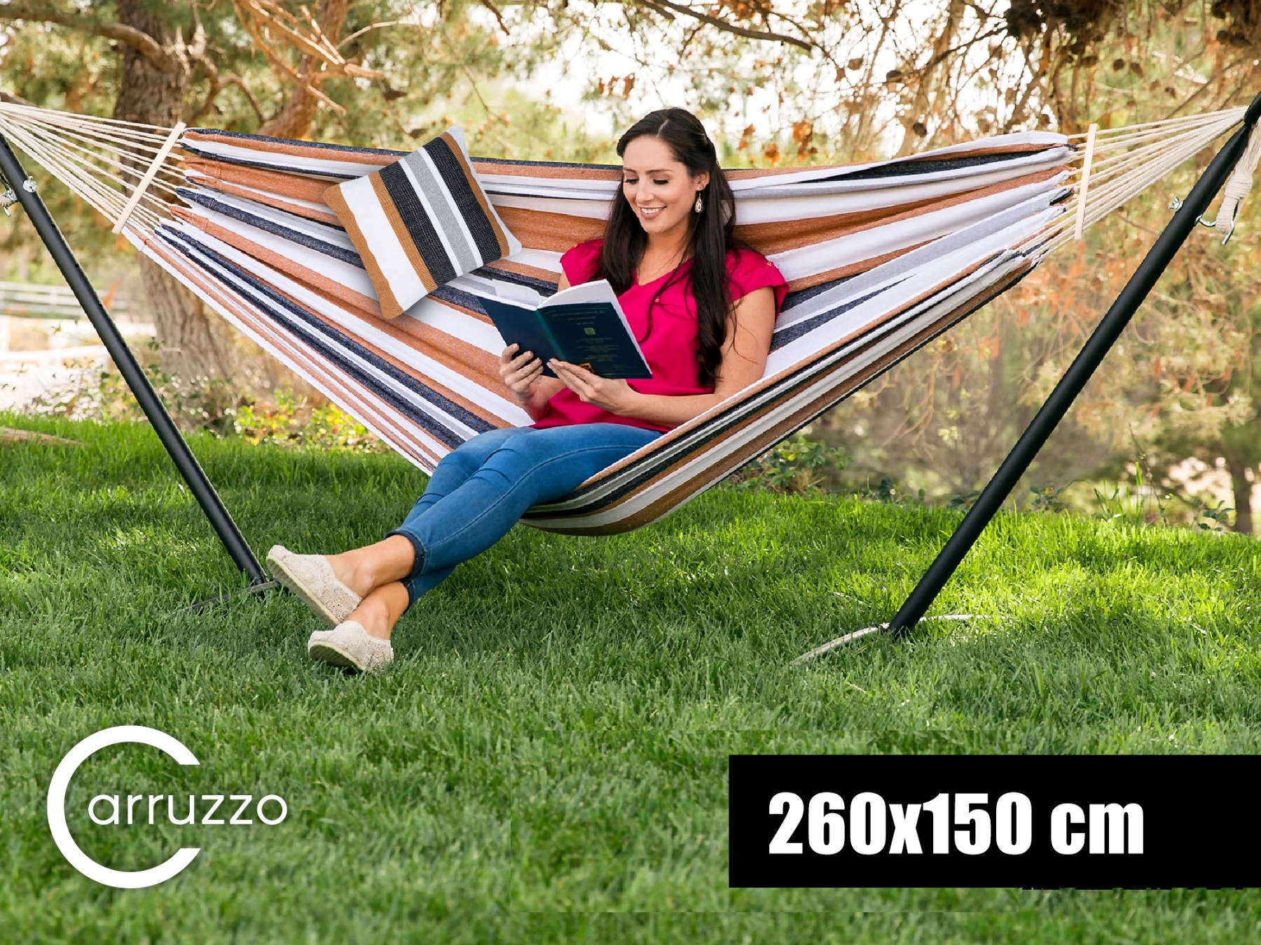 HAMAK OGRODOWY Z POPRZECZKĄ DWUOSOBOWY Huśtawka STRIP PODUSZKA Premium Set Producent Carruzzo