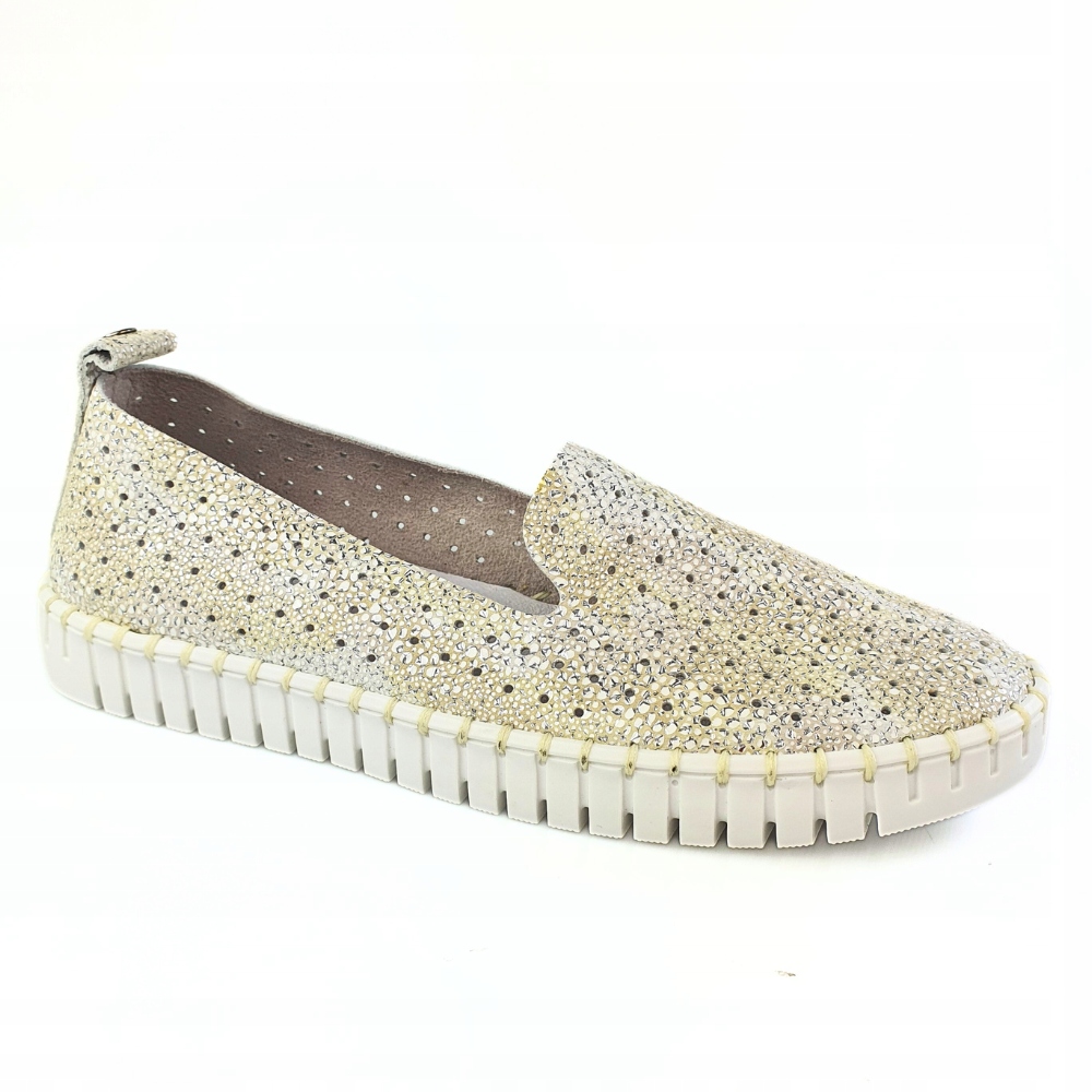 NESSI 18390 miękkie mokasyny slip on srebro + biały skóra rozmiar 38