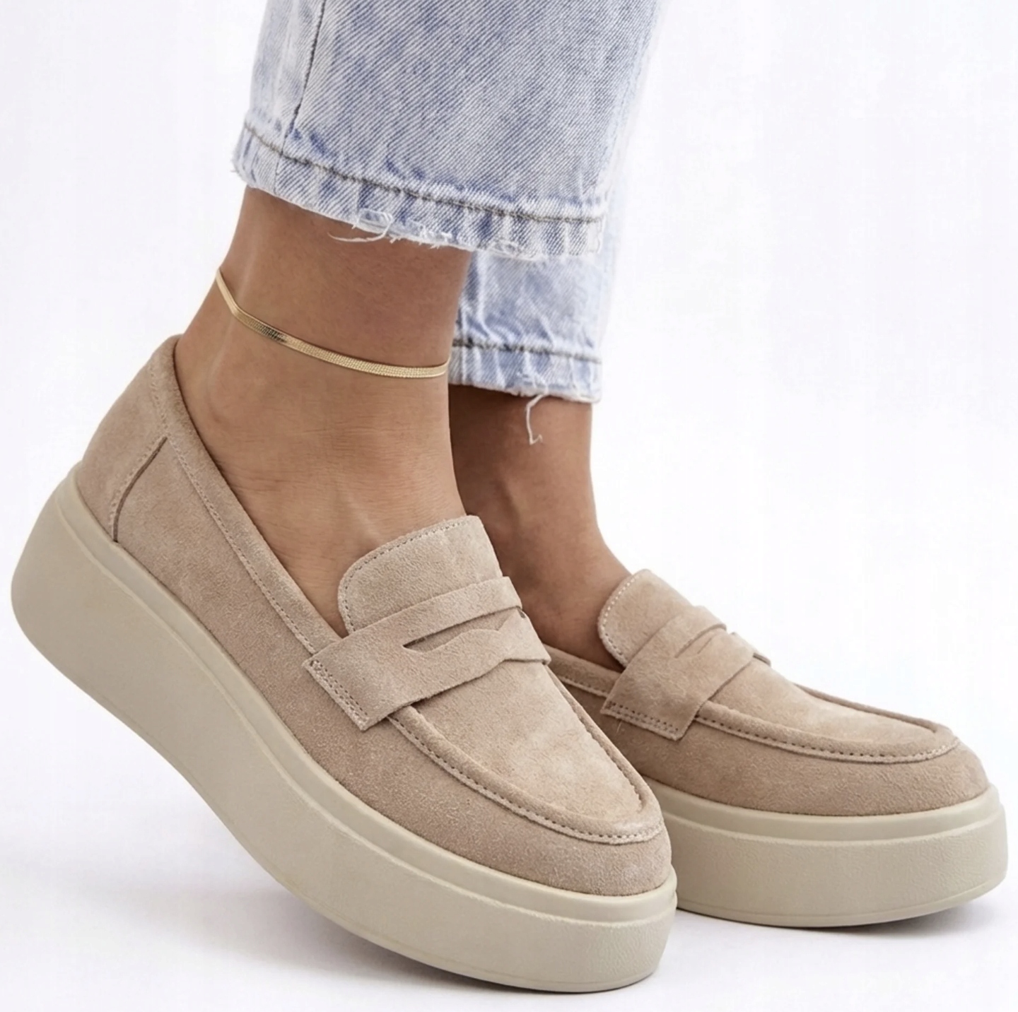 Beżowe Mokasyny Półbuty Na Wyższej Podeszwie NS603 Skóra Naturalna 39