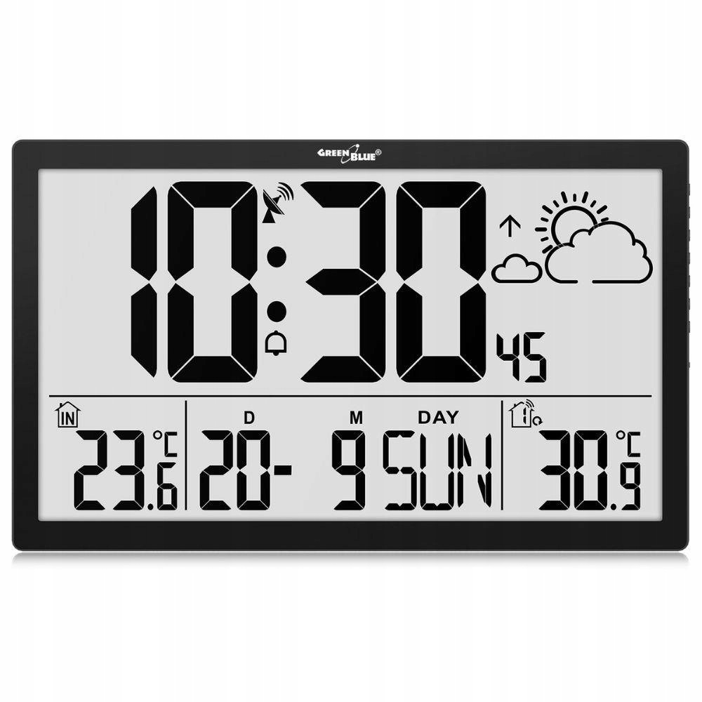 Nástěnný LCD hodinový stroj GreenBlue GB218, teplota, datum