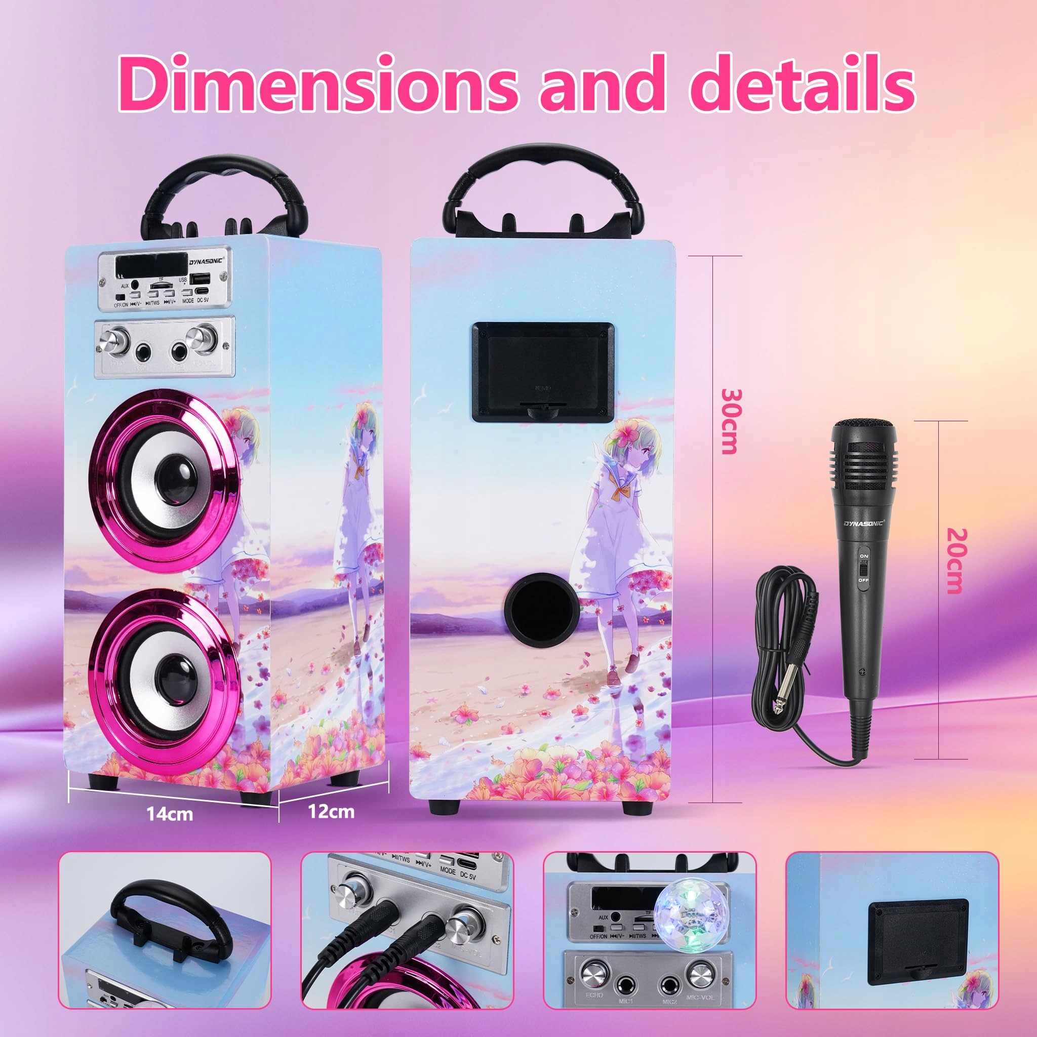 DYNASONIC Karaoke Z Mikrofonami Bluetooth Głośnik Dla Dzieci 5-13 Lat — miniatura 3