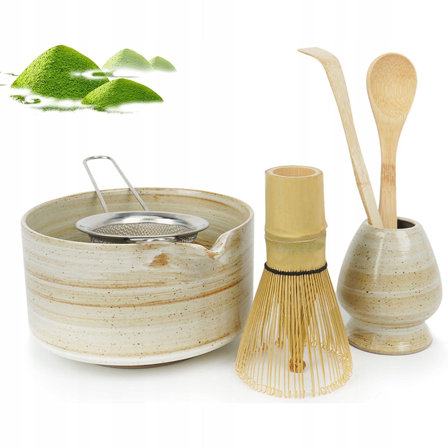Levně Sada na přípravu čaje Matcha 6 el. Bambusová keramická, zemitá, žlutá