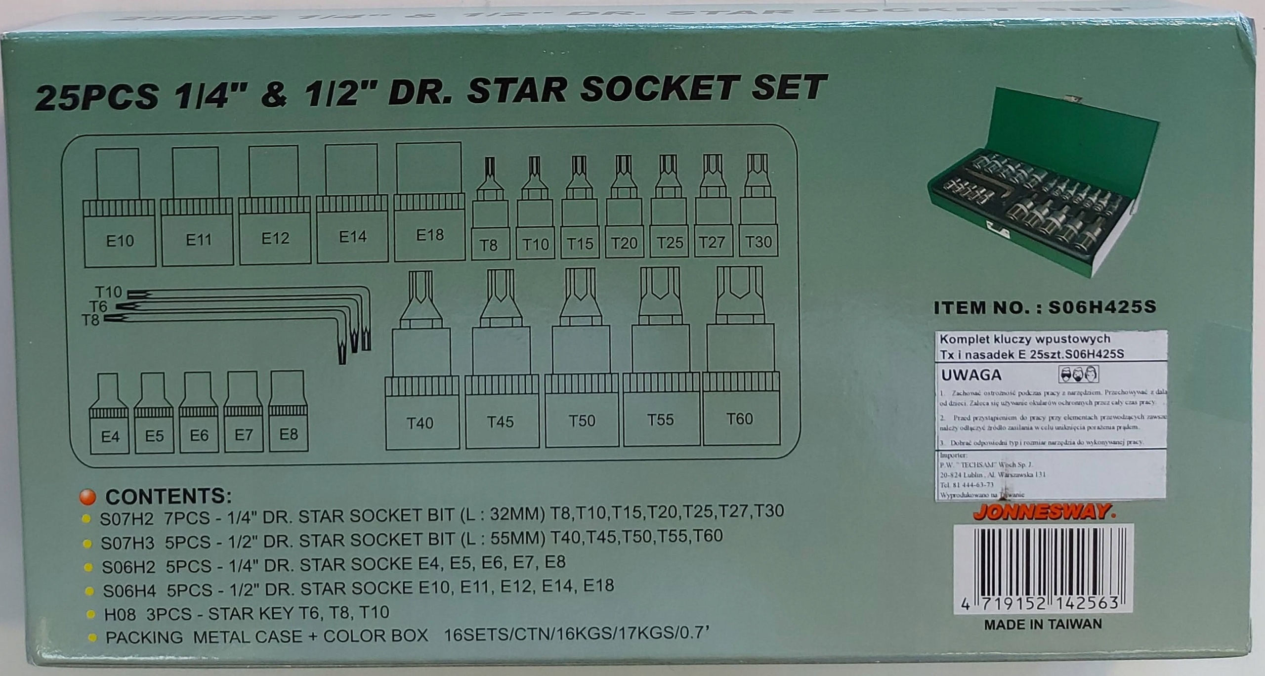 Kpl 25szt bitow TORX i nasadek E TORX JONNESWAY Producent code S06H425S