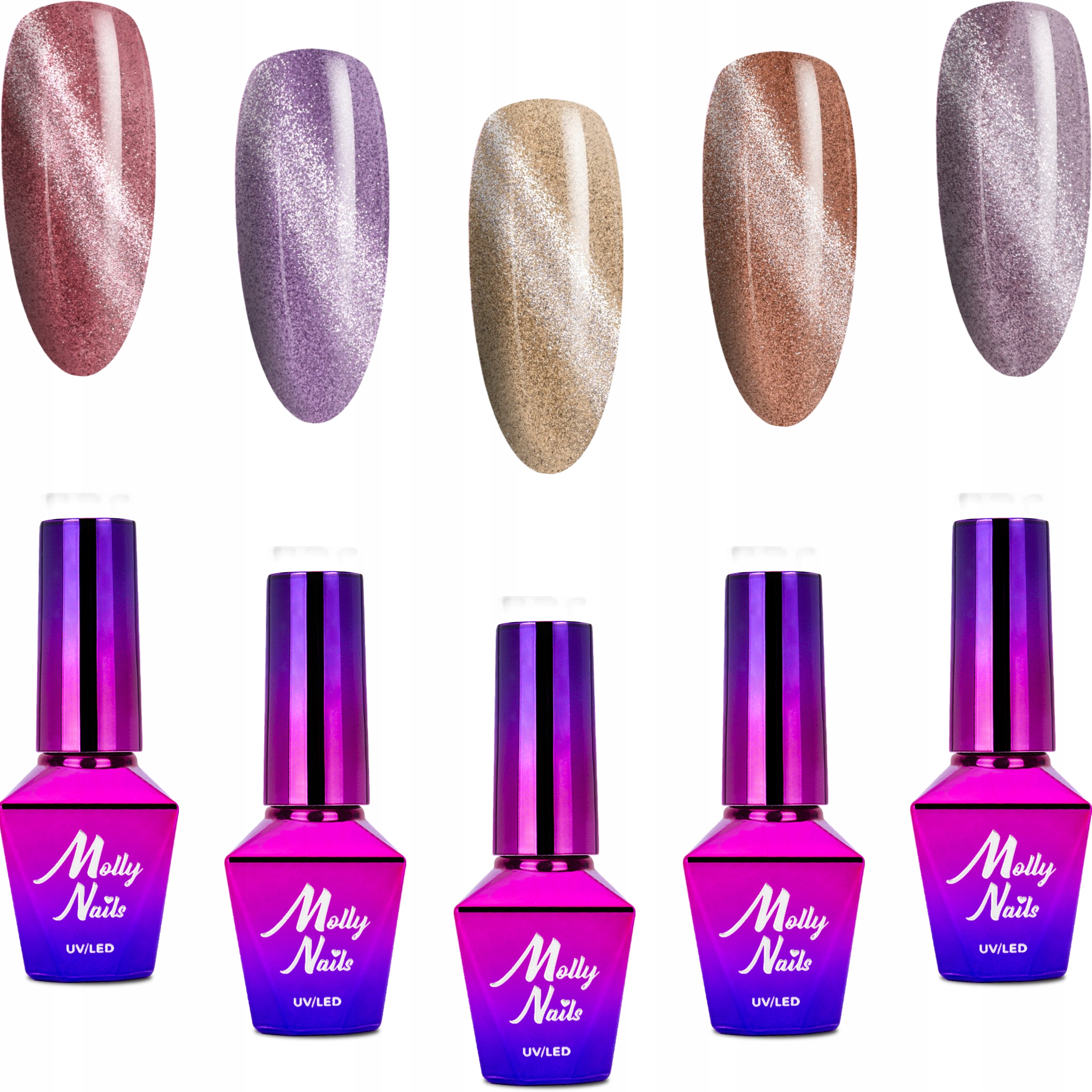 5x Lakier Hybrydowy Mollynails 8g Cat Eye Womanity Zestaw 5w1 Wiosenny