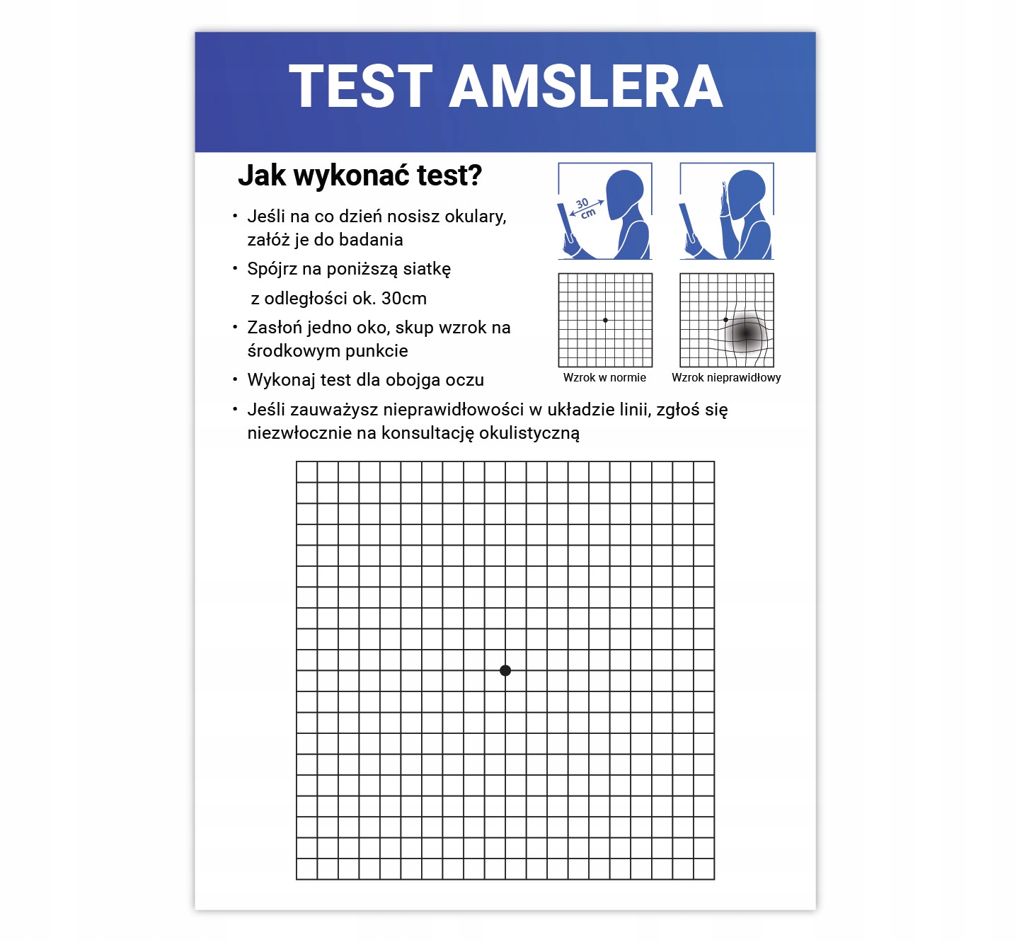 TEST AMSLERA laminowany badanie wzroku INSTRUKCJA