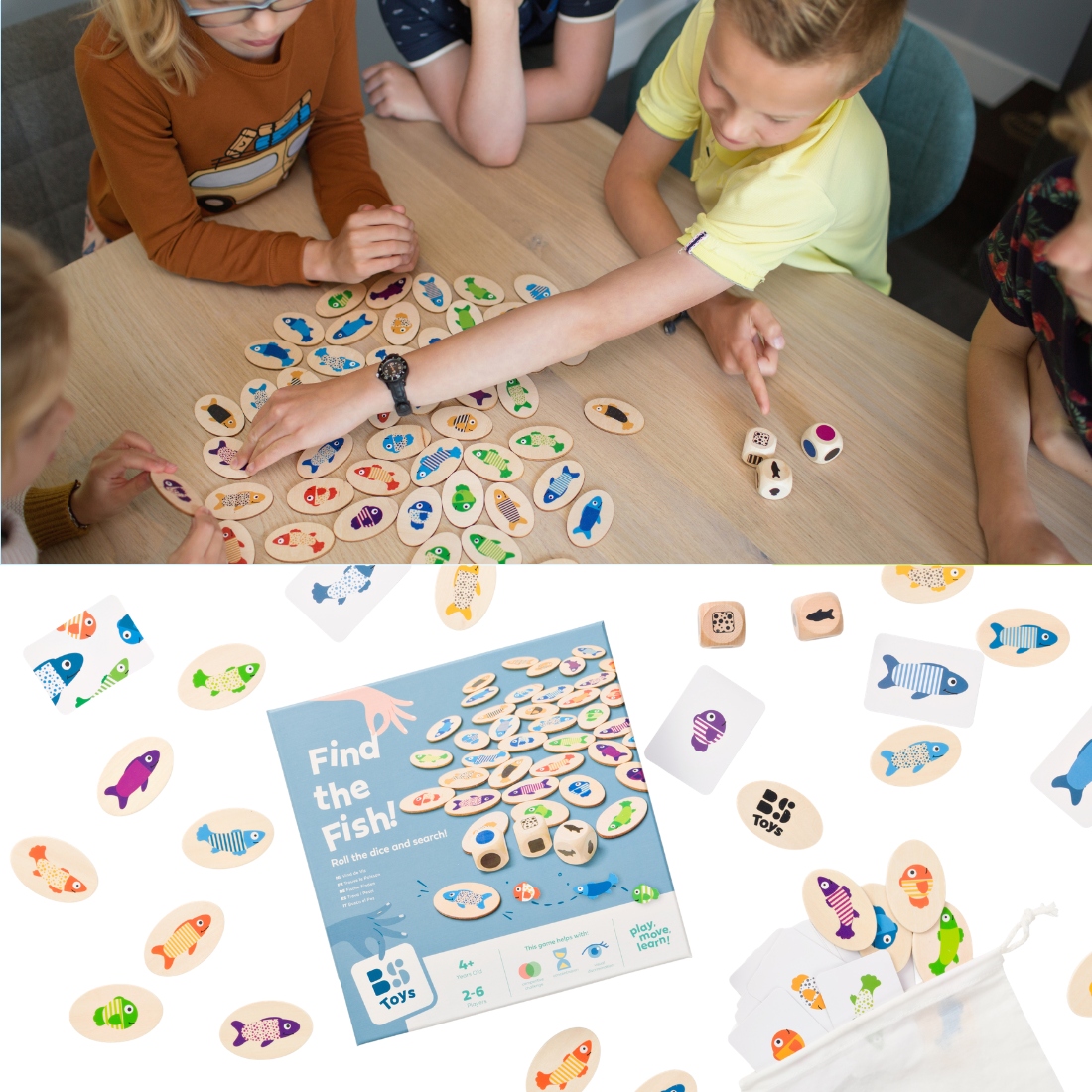 Bs Toys, Drewniana gra edukacyjna Znajdź rybkę, spostrzegawczość i refleks!