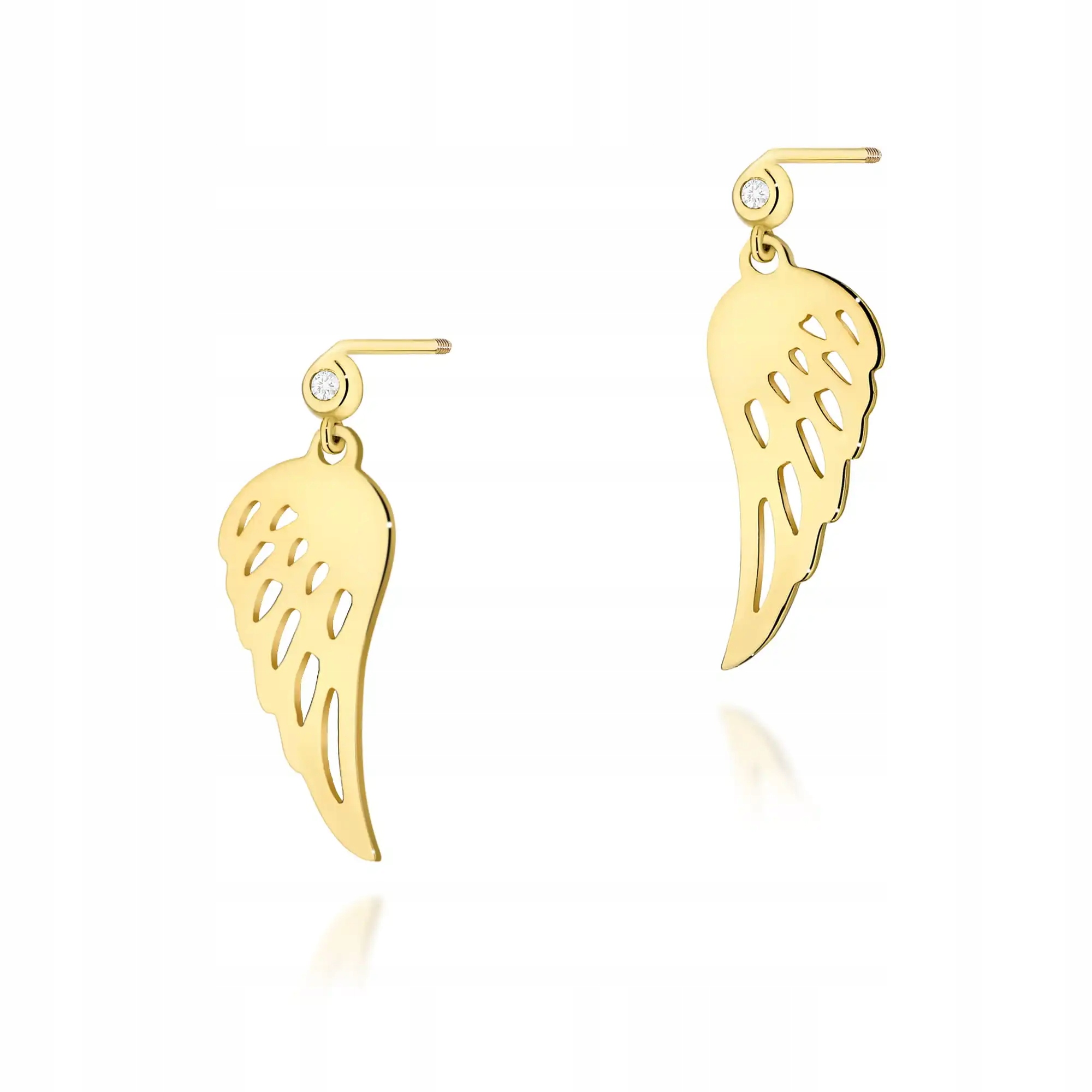 Dámské zlaté náušnice ryzosti 585 s diamanty, křídla, efektní jako dárek, 14kt