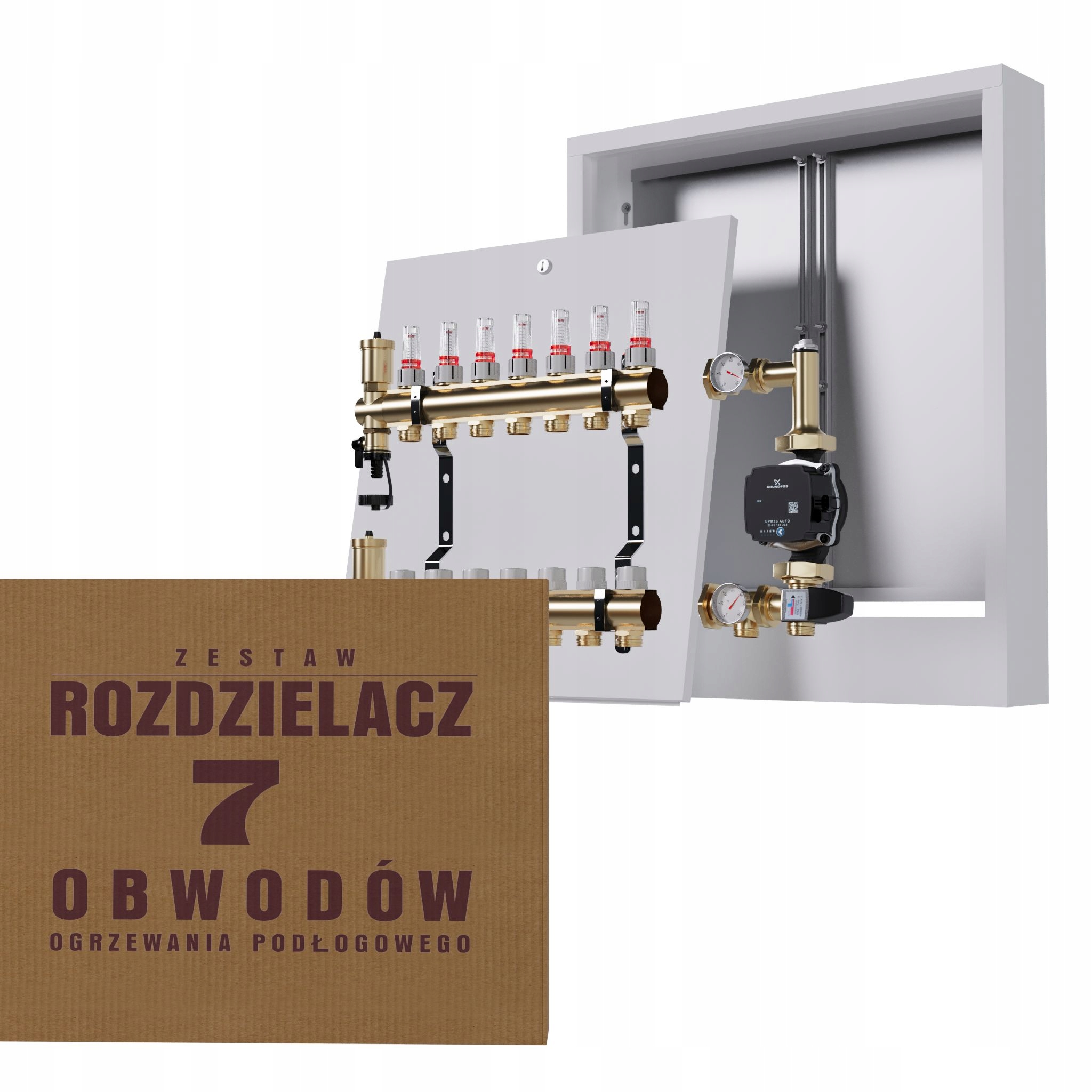 Rozdělovač pro podlahu 7 okruhů s čerpadlem Grundfos nástěnná skříňka