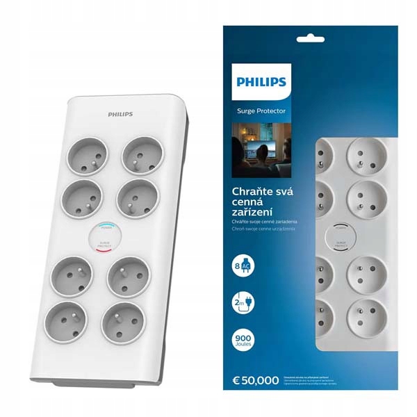 Prodlužovací Kabel Philips 8 Zásuvek Přepěťová Ochrana 2 M SPN7080WA/60