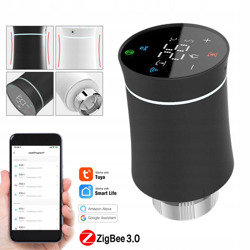 Tuya ZigBee Chytrý Termostatický Ventil s Dotykovým Ovládáním pro Chytrou Domácnost, Černý