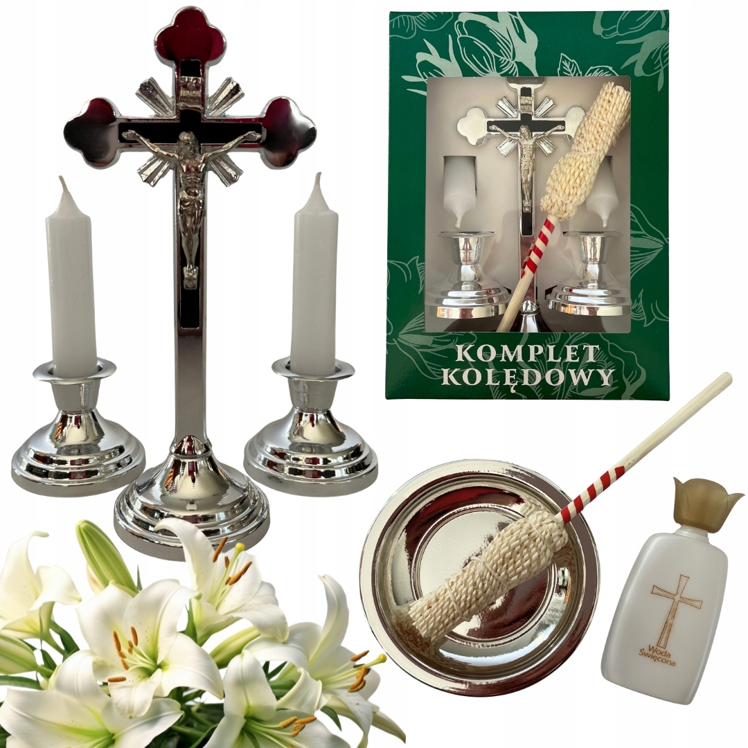 Kovová Koledová Souprava kříž a příslušenství láhev na vodu svěcená Bonus