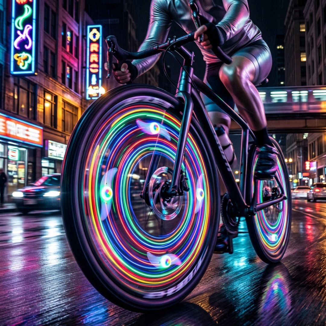 LAMPKA ROWEROWA LED NAKŁADKA NA KOŁO ROWEROWE ŚWIECĄCA W NOCY DO ROWERU 1X Model kolorowy