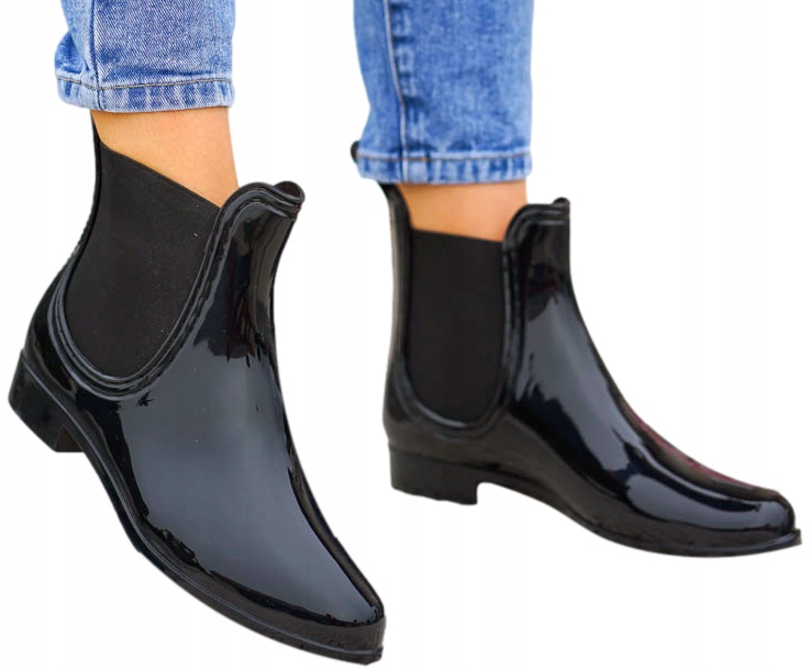 Czarne Lakierowane Kalosze Sztyblety Z Gumą