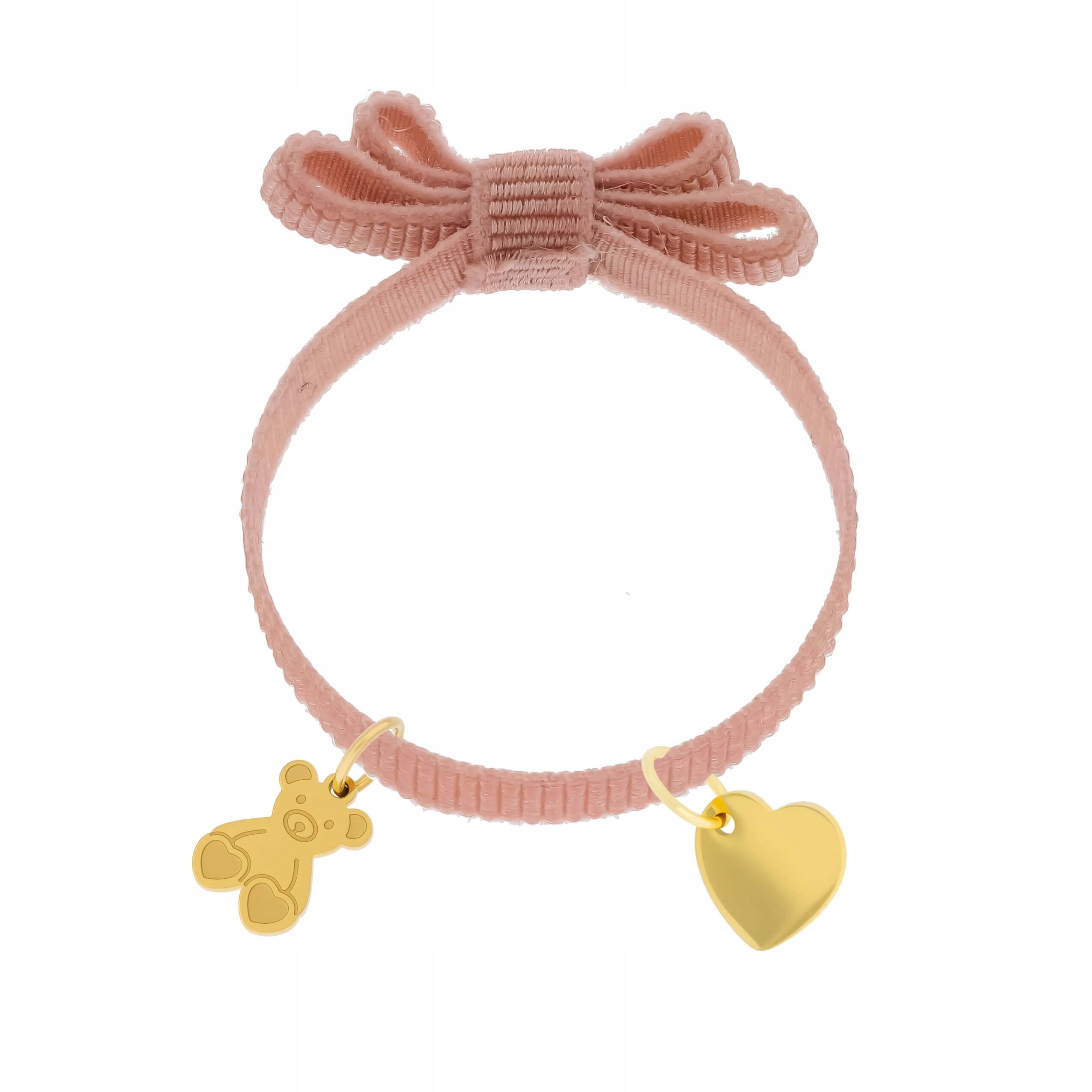 Różowa bransoletka z kokardką i złoconymi zawieszkami dla dziecka grawer