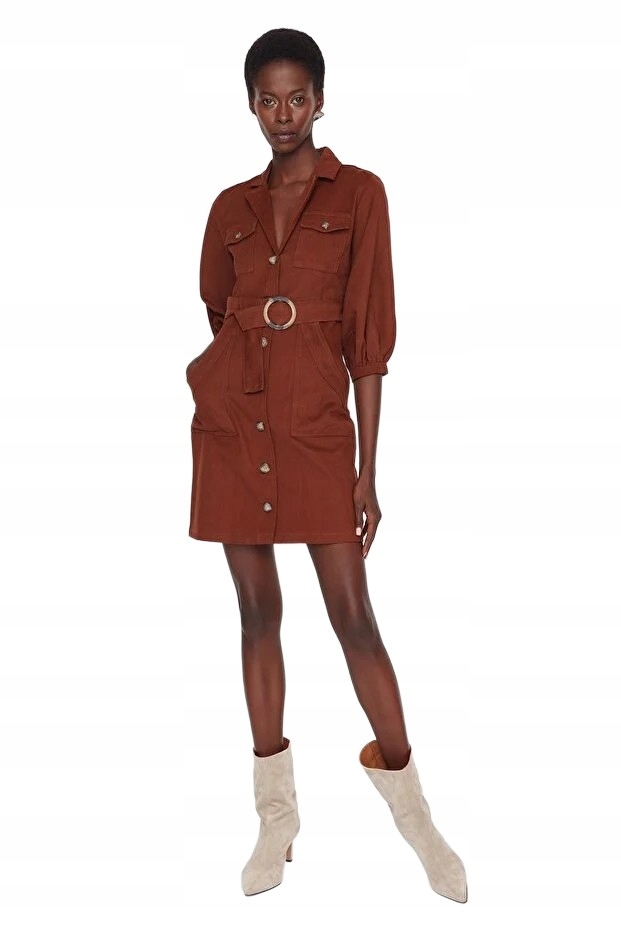 Trendyol Hnědá Šaty Jednoduchá S Páskem A Knoflíky Před Kolenem 36 5EA