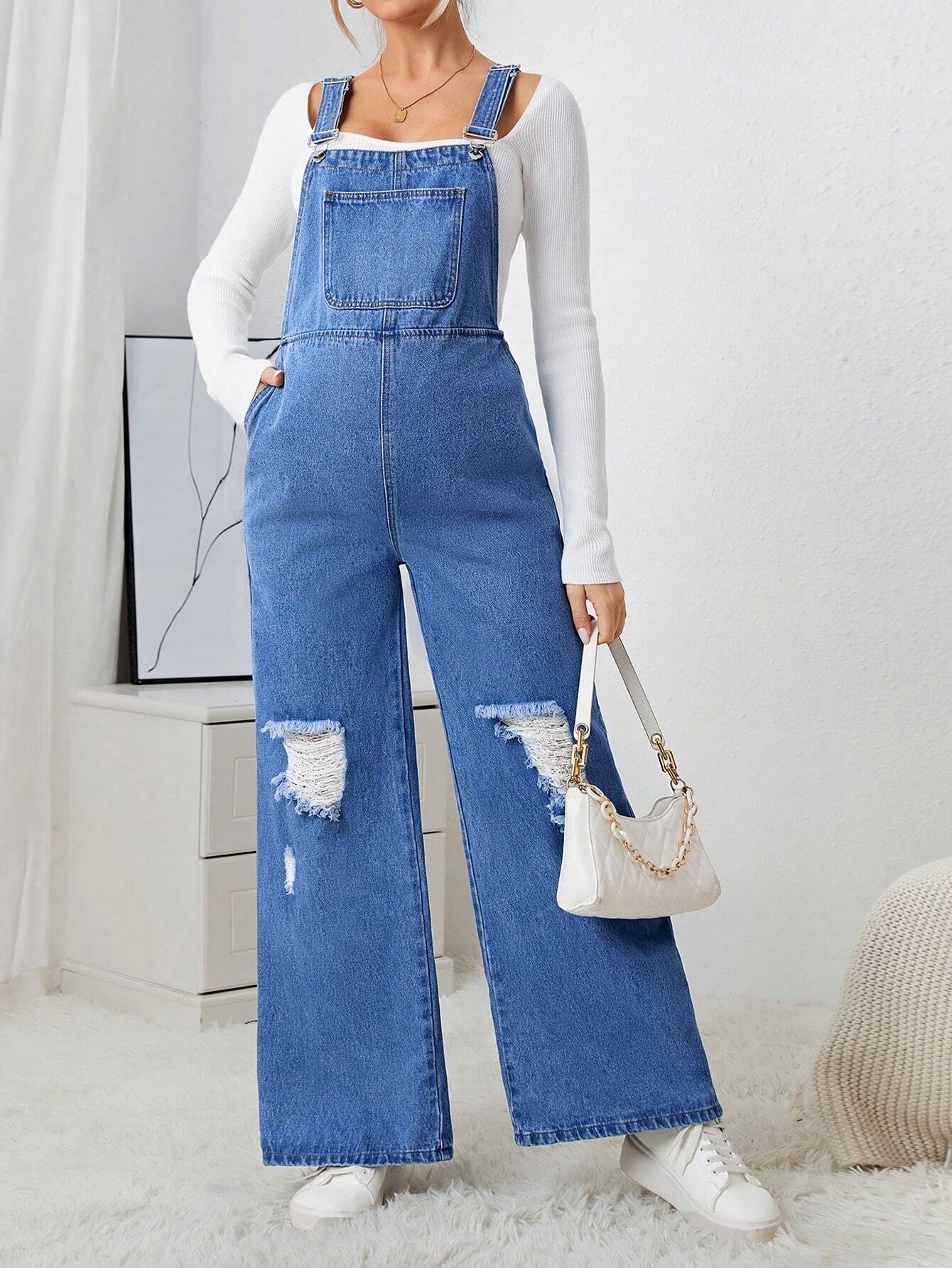 SHEIN NIEBIESKIE JEANSOWE OGRODNICZKI CIĄŻOWE Z PRZETARCIAMI L 36639