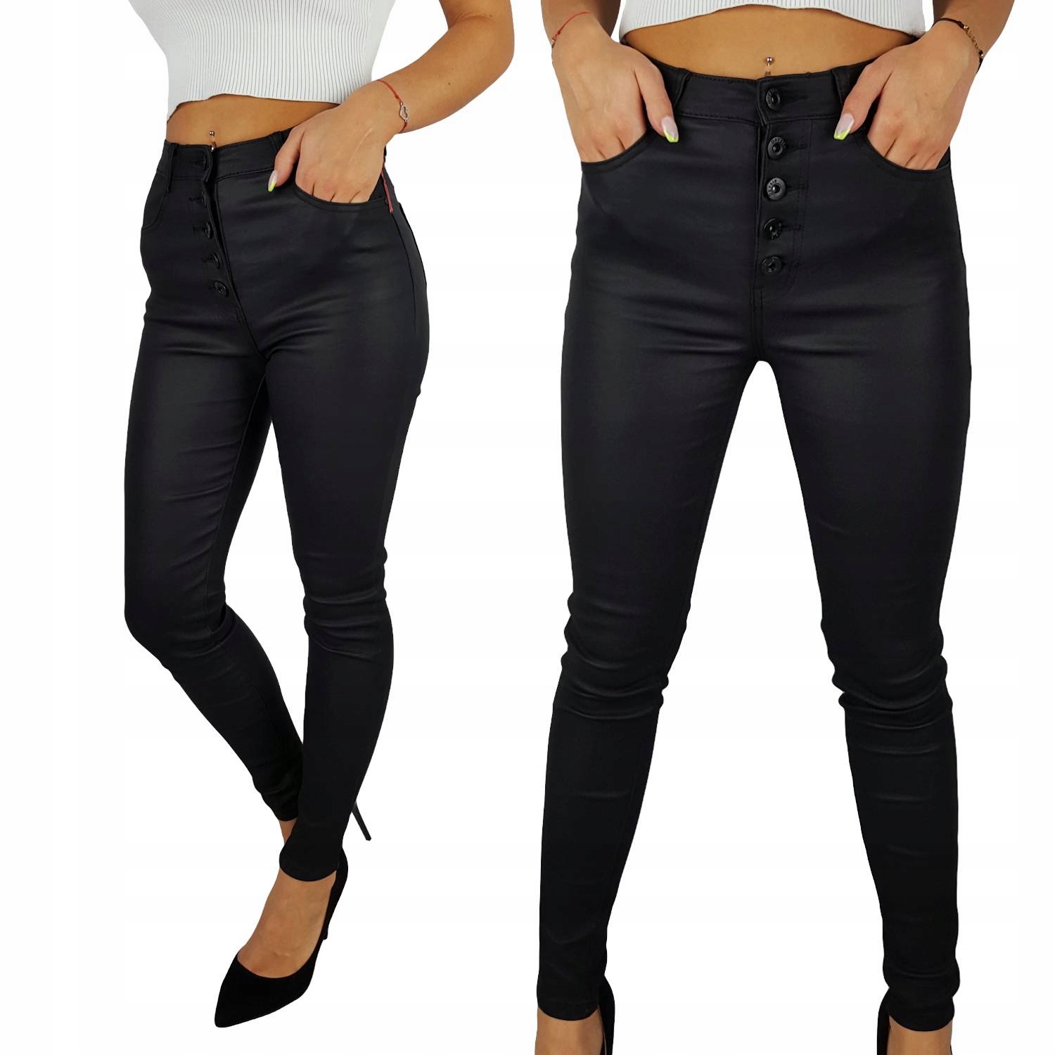 Damskie Spodnie Woskowane Skóra Modelujące Guziki