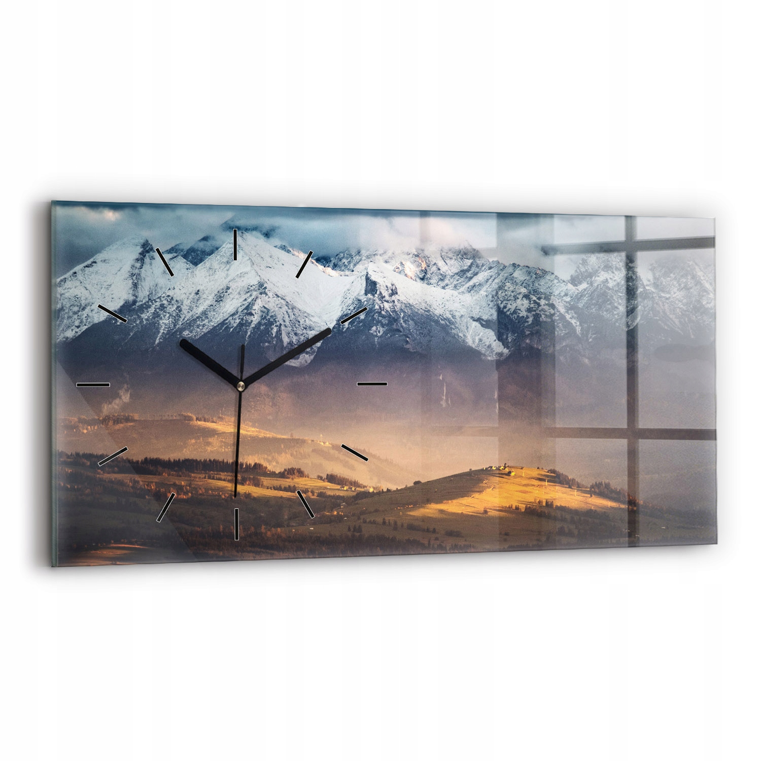 Moderní skleněný nástěnný hodinový stroj 60 cm x 30 cm Tatry v zimě panoramatické hory
