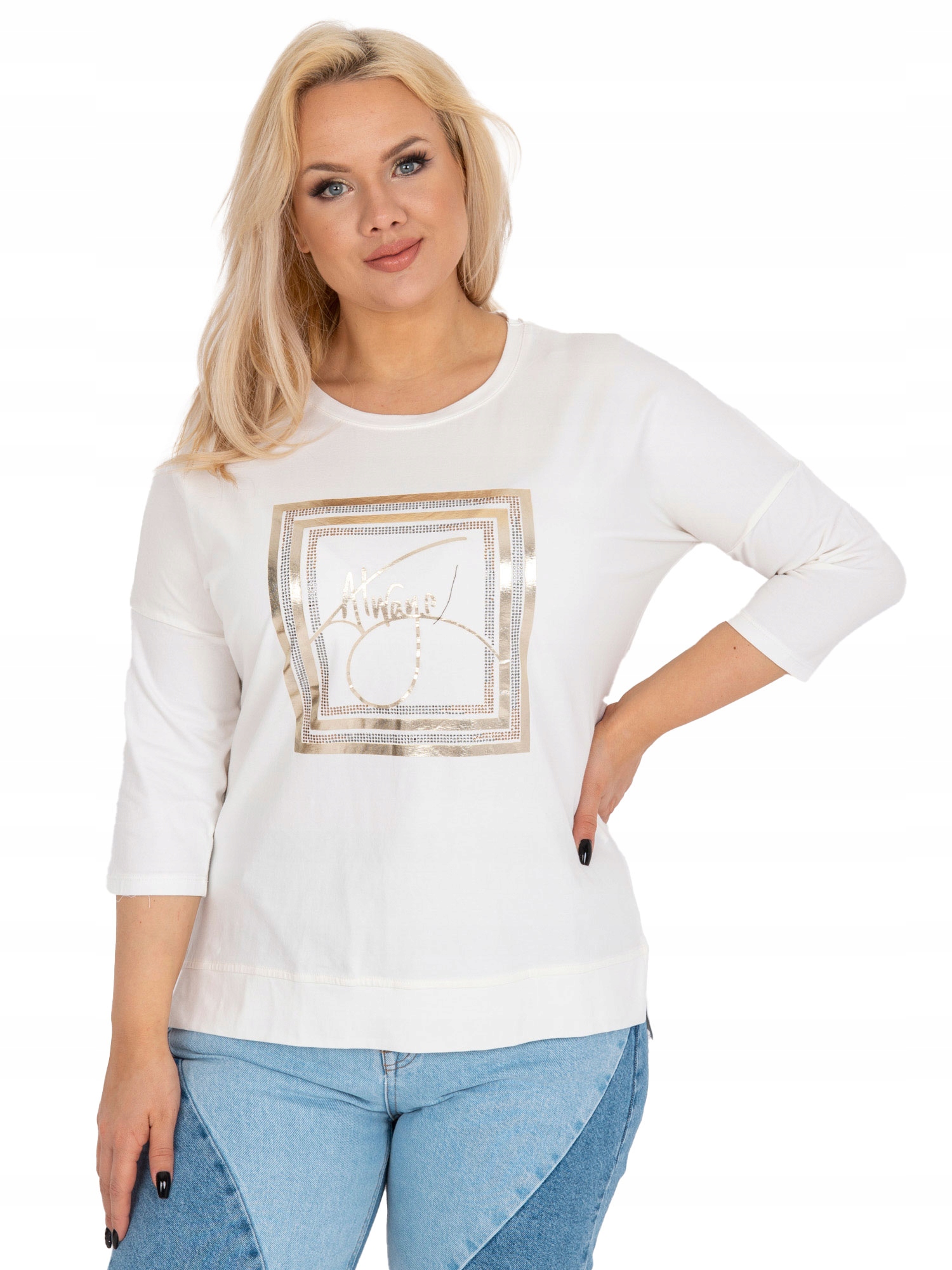 

Plus Size Bluzka damska z dżetami rękaw 3/4