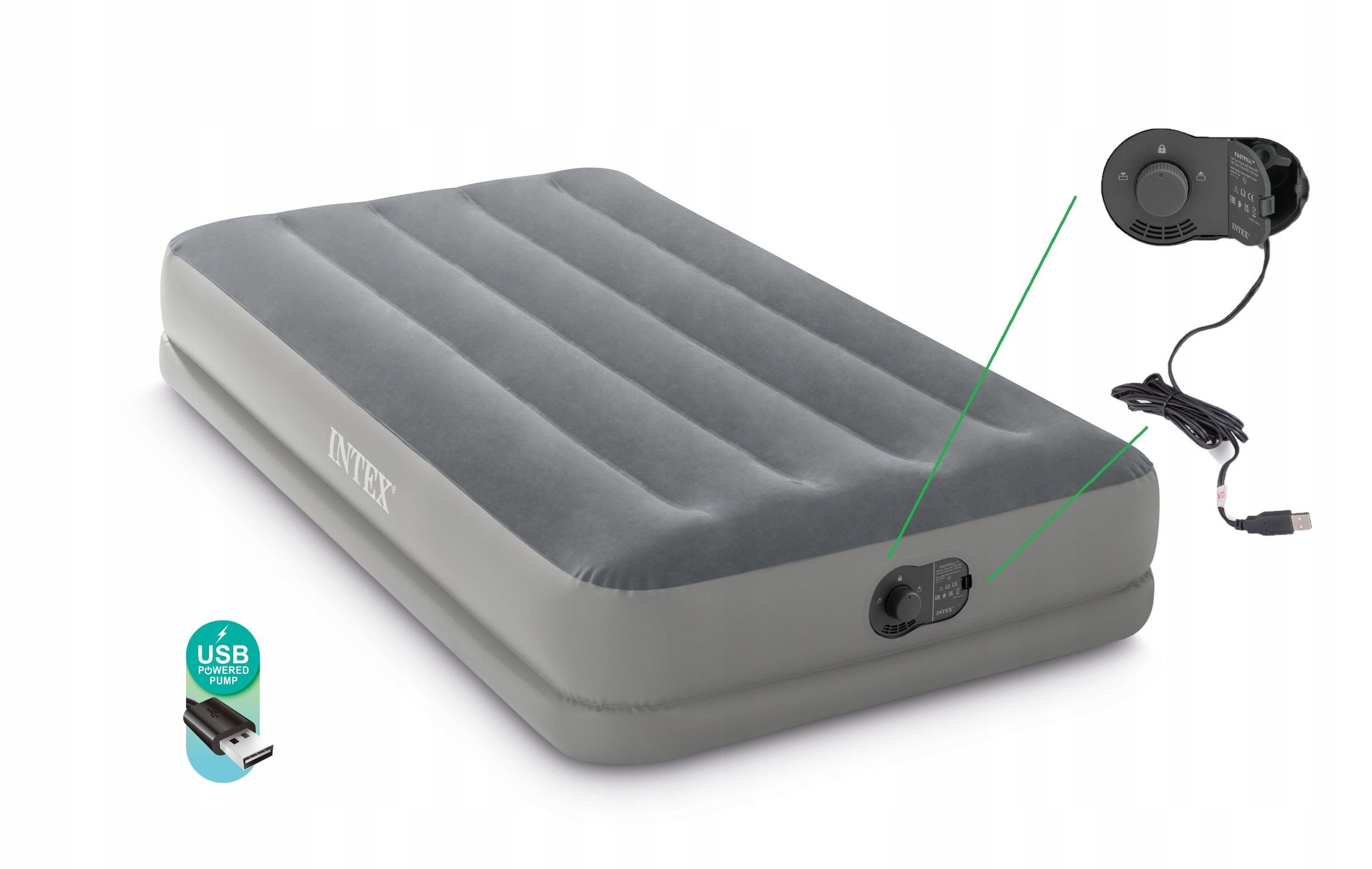 Materac dmuchany jednoosobowy łóżko z pompką Usb Intex 64112 biwak namiot