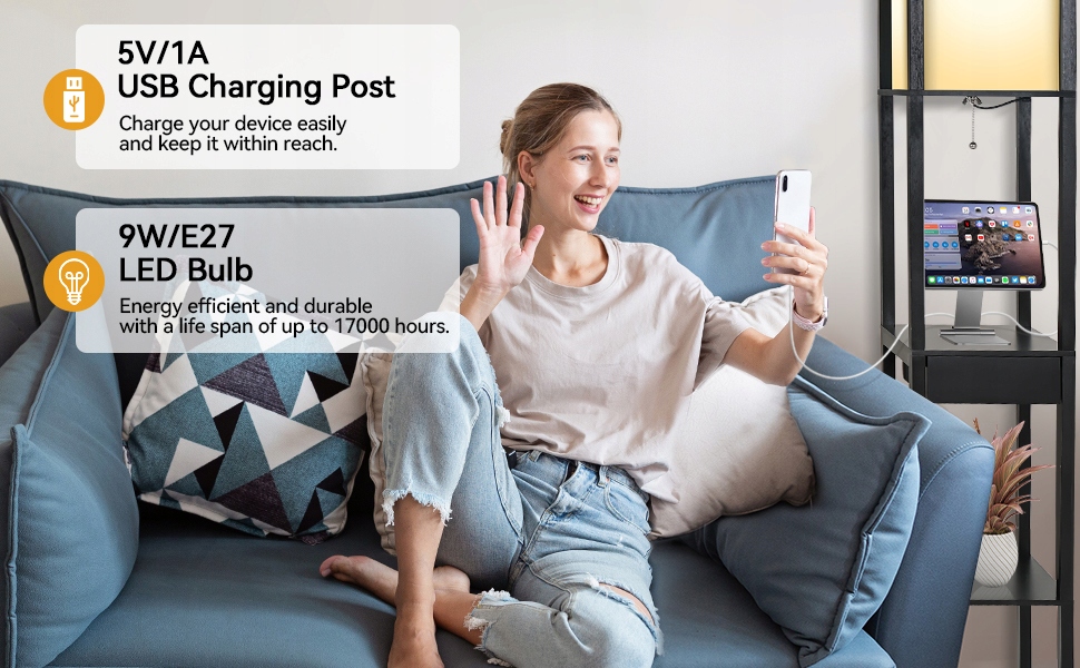 Lampa podłogowa Elecwish E27 8 W czarny 2 Usb Średnica/szerokość klosza 26 cm