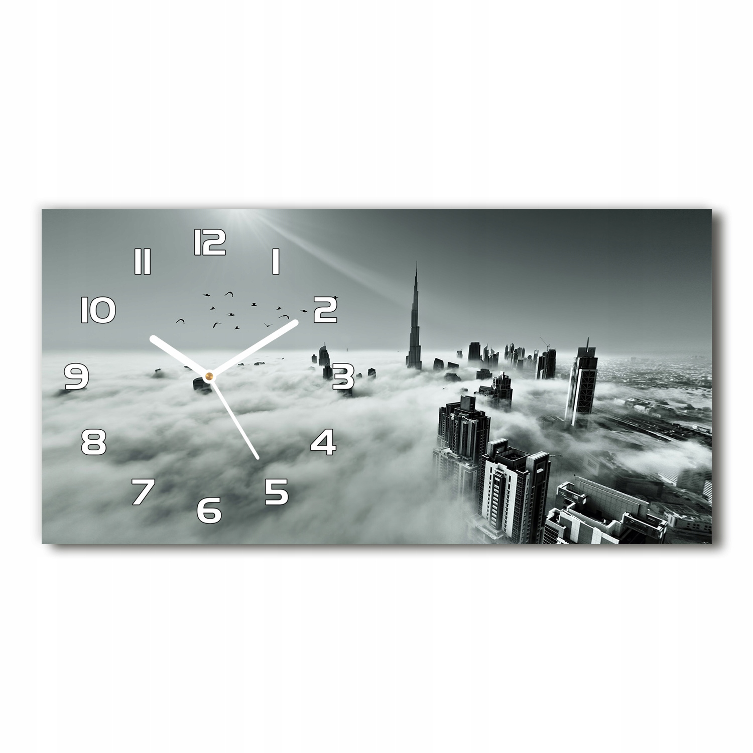

Zegar ze szkła na ścianę Mgła nad Dubajem 60x30 cm