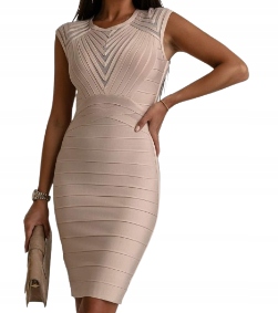 MD sukienka bandażowa dopasowana midi paski Beżowa S