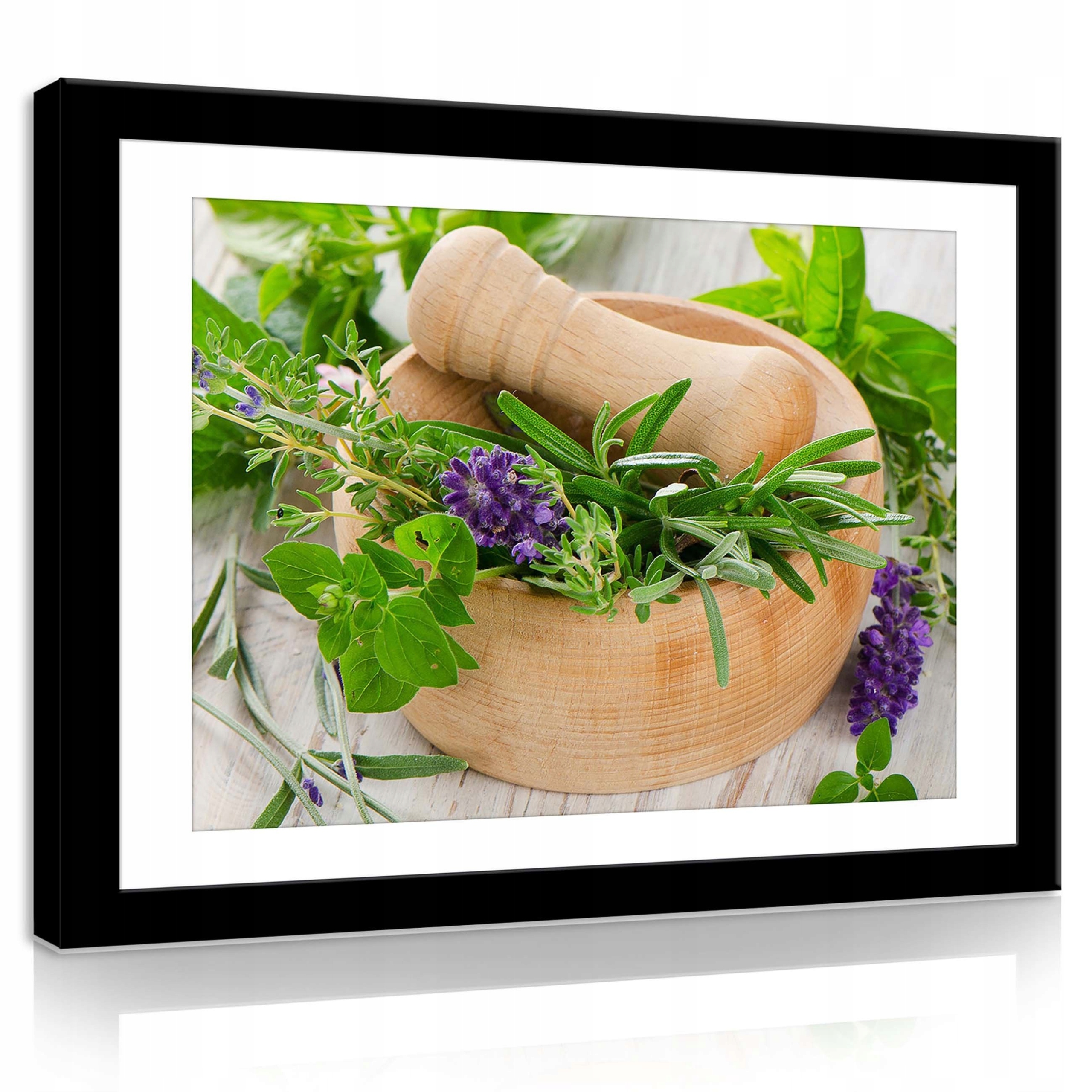 Obraz 80x60 Dřevěný hmoždíř, čerstvé bylinky, rozmarýn, tymián, oregano