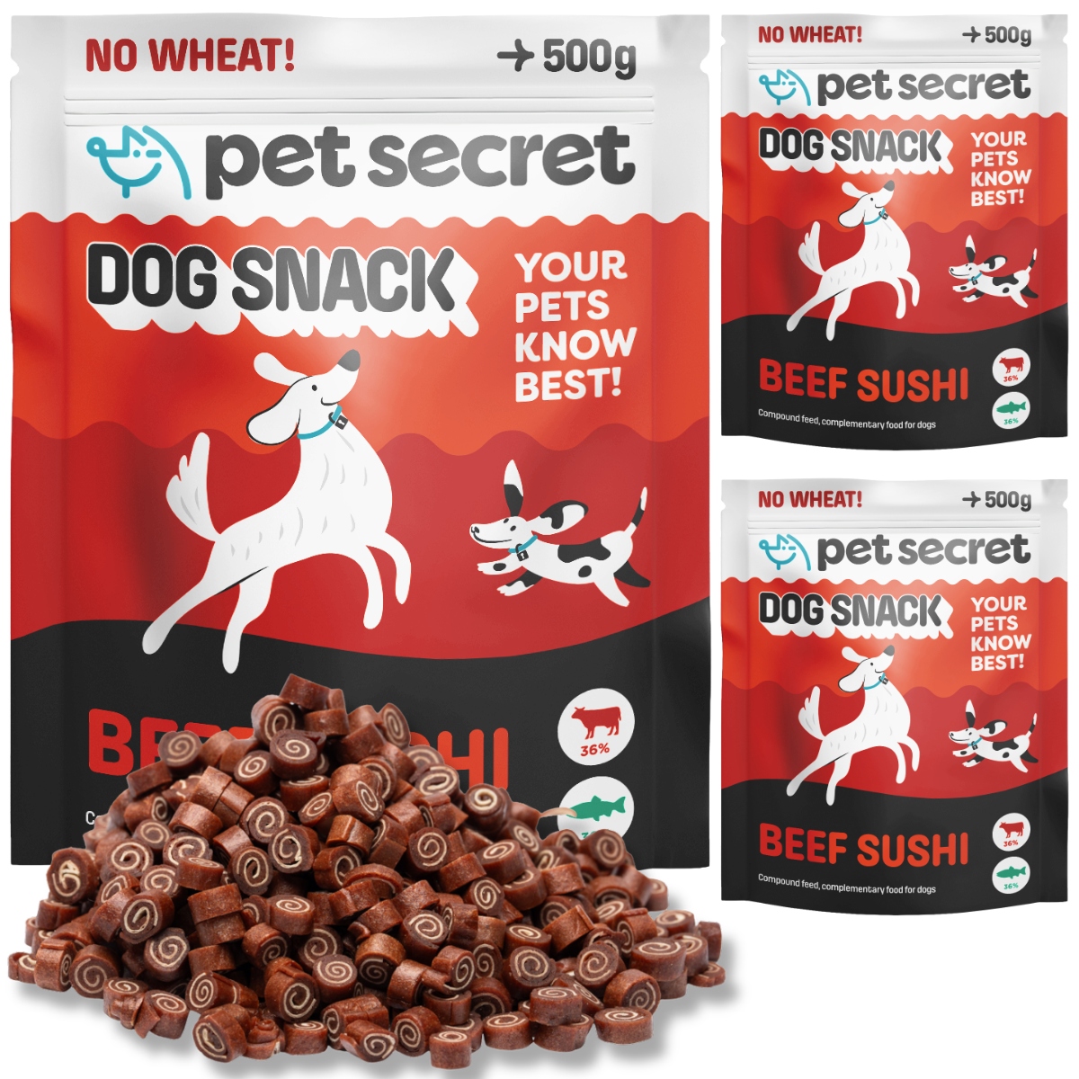 Psí pamlsek 3x500g Rollsy s hovězím masem Sushi Pet Secret Mini pamlsky