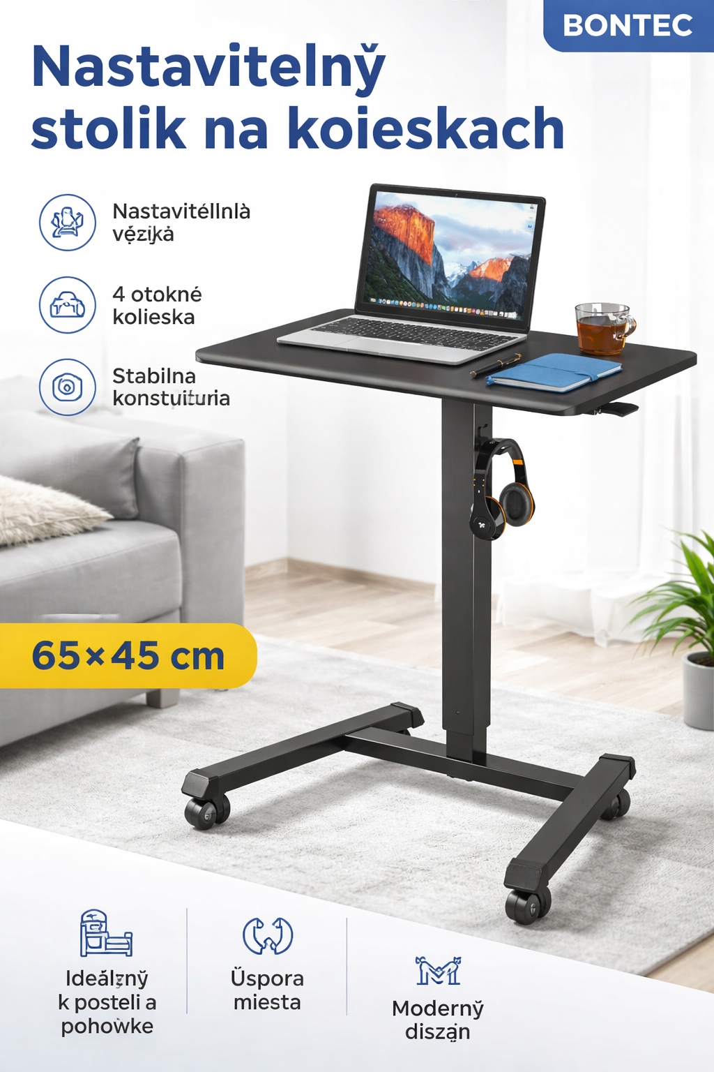 Bontec stolík na kolieskach 65×45 cm nastaviteľný laptop do postele