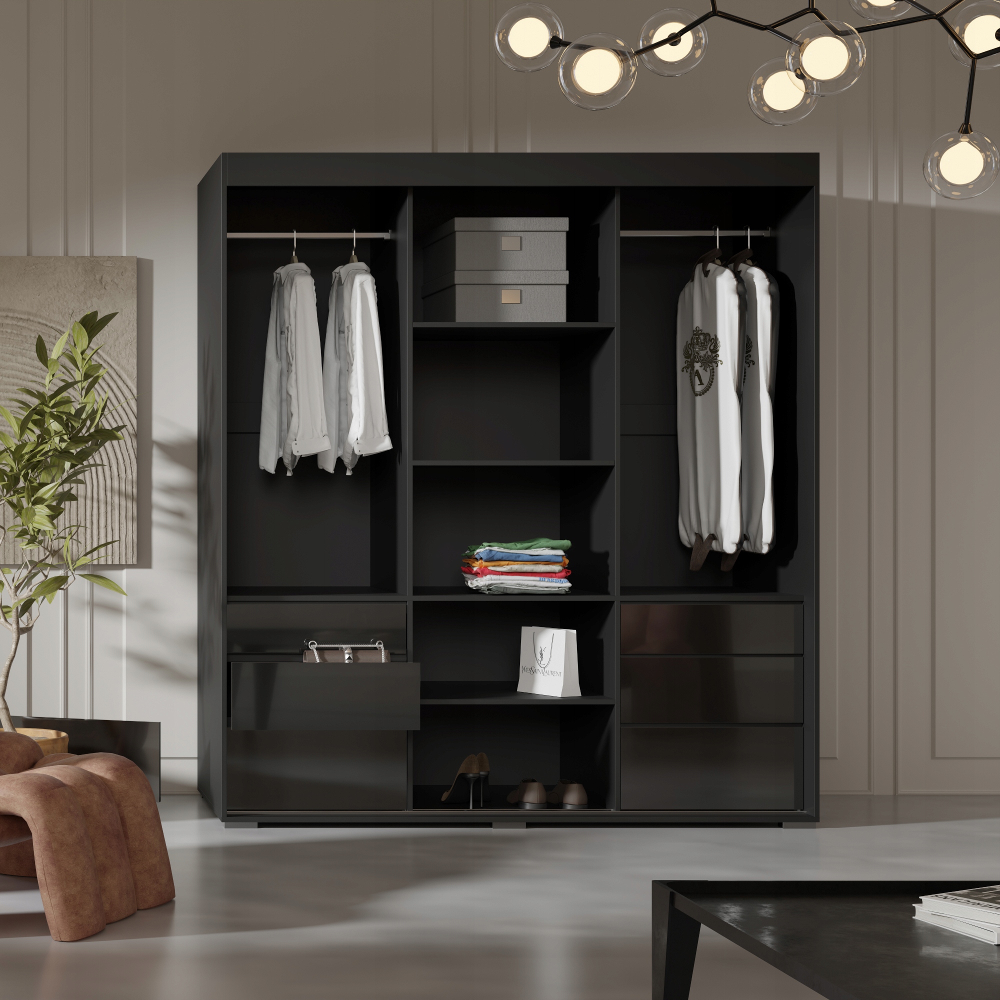 Szafa przesuwna z szufladami Torino 3D 180 Czarna (lacobel)