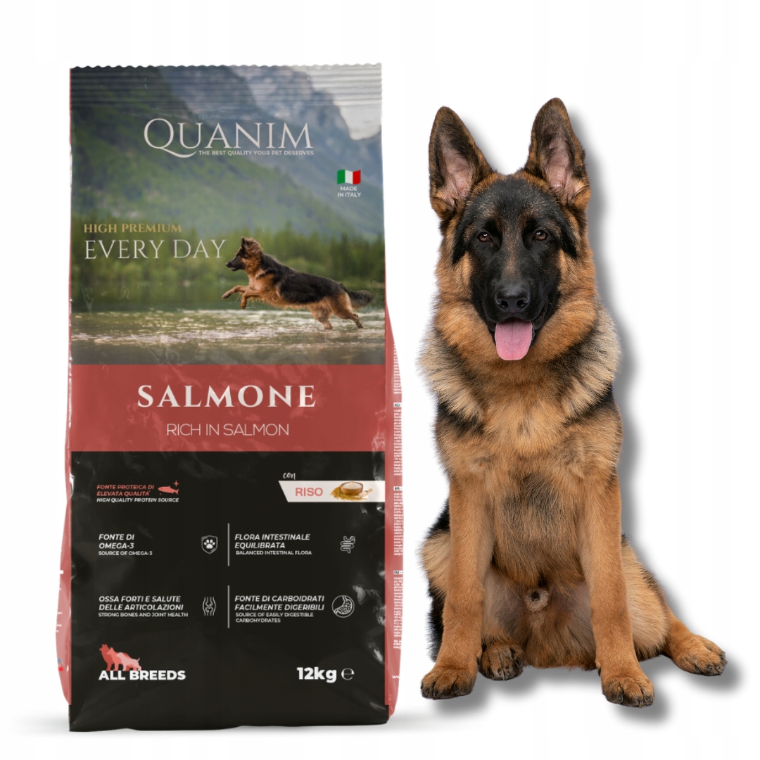 Levně Quanim Losos Rýže Ryba 12KG Krmivo Ovčák Labrador Husky Beagle Amstaff