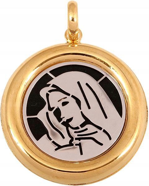 Zlatý kulatý medailonek 585 Matka Boží s onyxovou hmotou Svaté Přijímání Křest suvenýrem