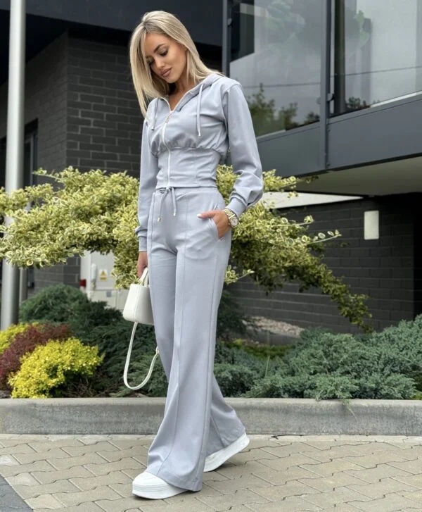 Dámská Tepláková Souprava Korzetová Mikina S Kapucí Kalhoty Wide Leg Šedá M