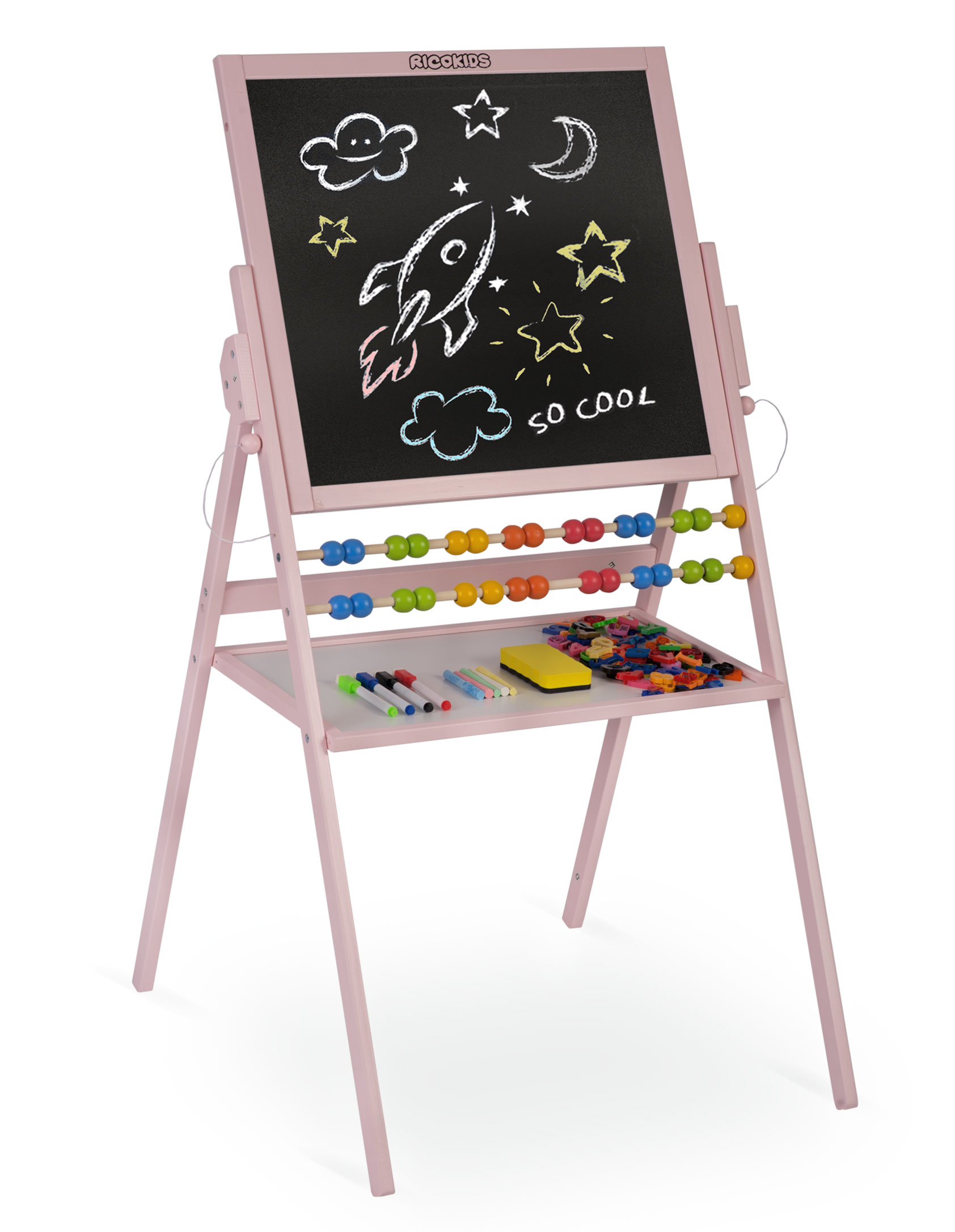 DREWNIANA TABLICA DWUSTRONNA OBROTOWA 2W1 MAGNETYCZNA KREDOWA + AKCESORIA Szerokość produktu 54 cm