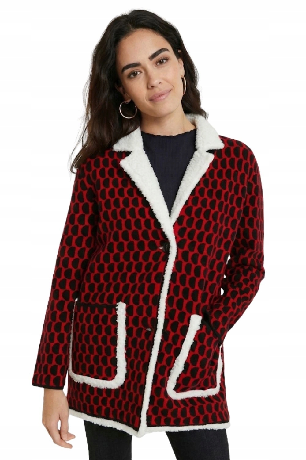 Dámský kabát Desigual červený oversize zimní zateplený svetr vel. M