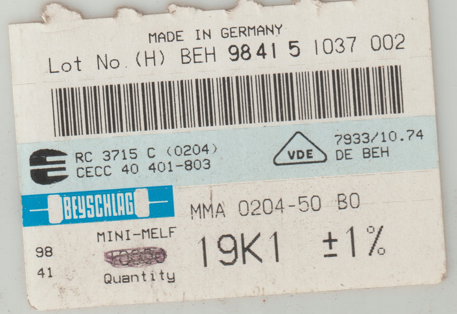 [100szt] 19K1 1% 50ppm rezystor Smd minimelf MMA0204 Beyschlag low noise