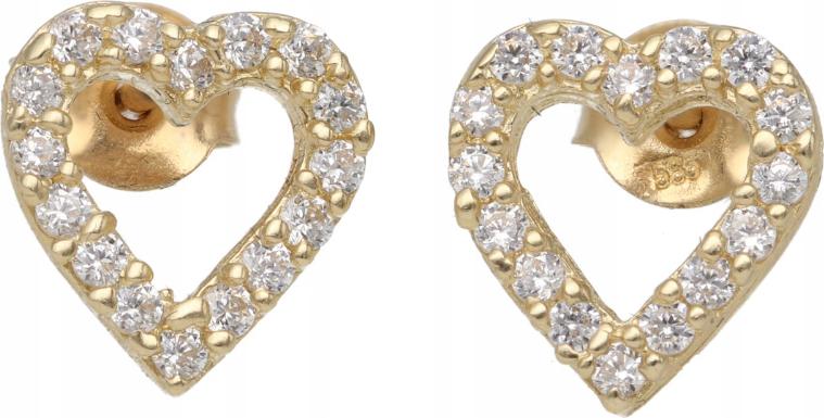 Zlaté náušnice 585 srdíčka zdobené zirkony na Valentýna pro dívku