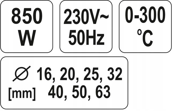 YATO ZGRZEWARKA DO ZGRZEWANIA RUR TERMOPLASTYCZNYCH 850W +16mm 16-63mm Cechy dodatkowe walizka w zestawie