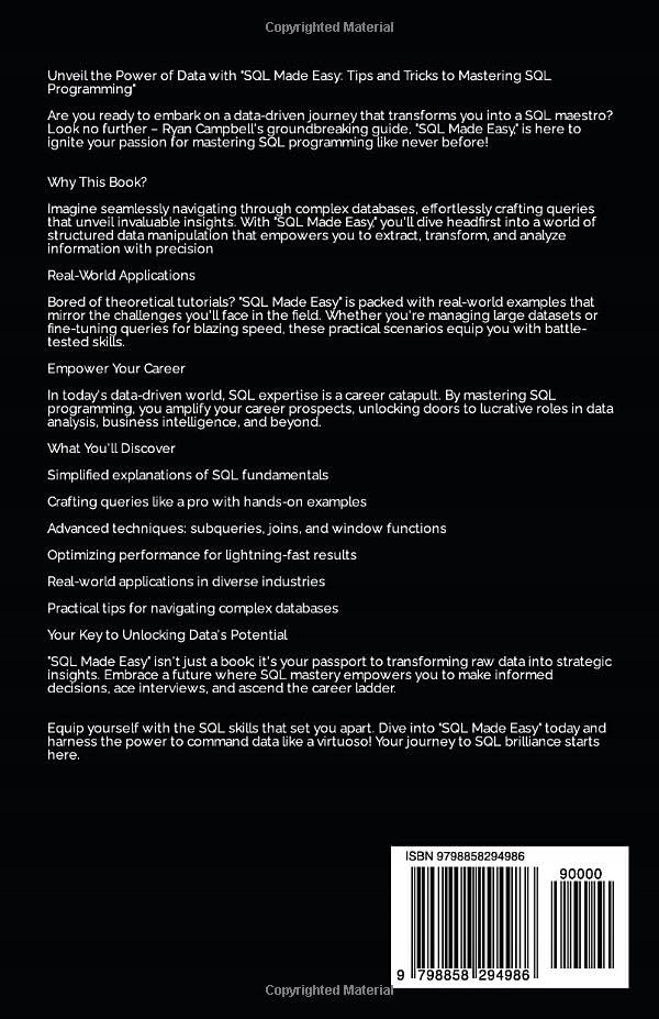 Campbell, Ryan SQL Made Easy: Tips and Tricks to Mastering SQL Programming: Język publikacji angielski
