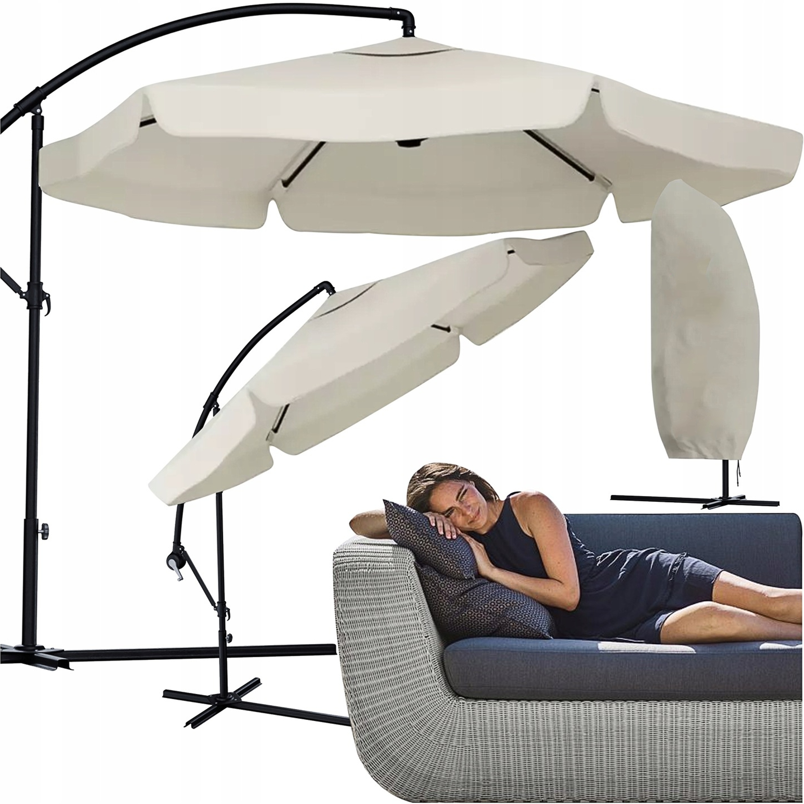 Parasol Ogrodowy Duży Składany 350cm Z Wysięgnikiem Kremowy Pokrowiec