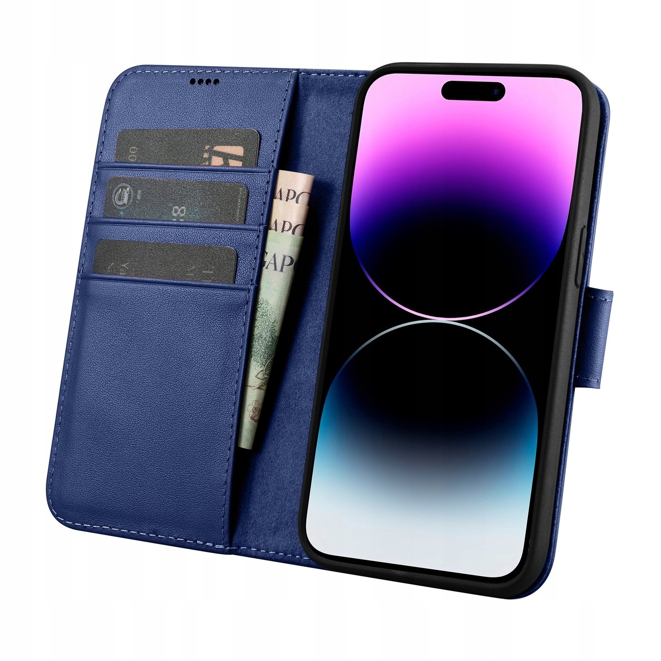 Tok iPhone 14 Pro Max Anti-RFID flip tokkal, kék