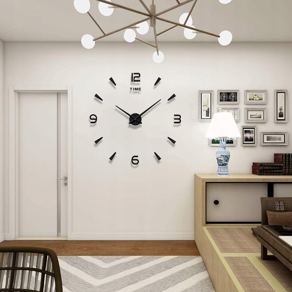 ZEGAR ŚCIENNY DUŻY DIY NAKLEJANY NA ŚCIANĘ 3D CICHY LUSTRZANY CZARNY 65-130 Bohater Inny