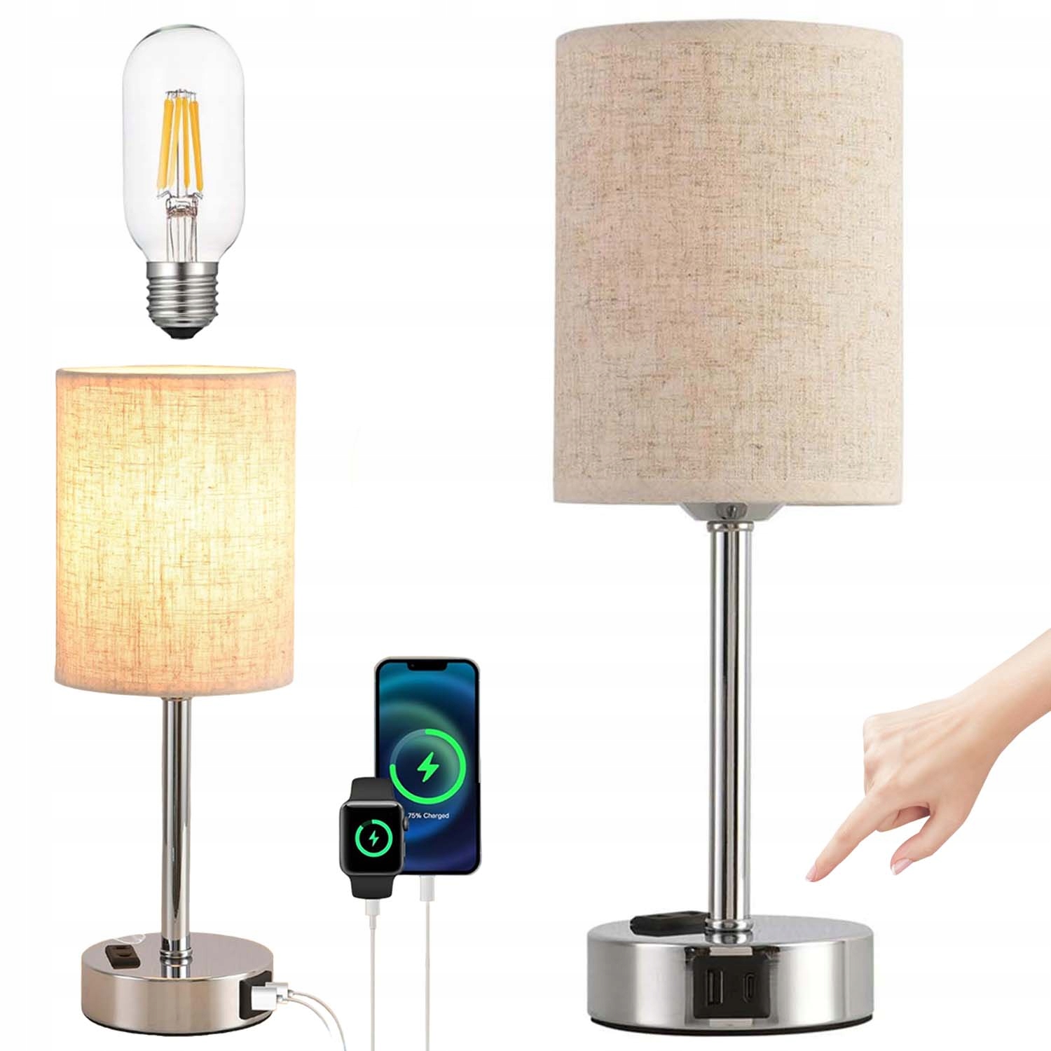 Lampka Nocna Biurkowa Stołowa Led Dotykowa Bezprzewodowa Z E27 Abażur